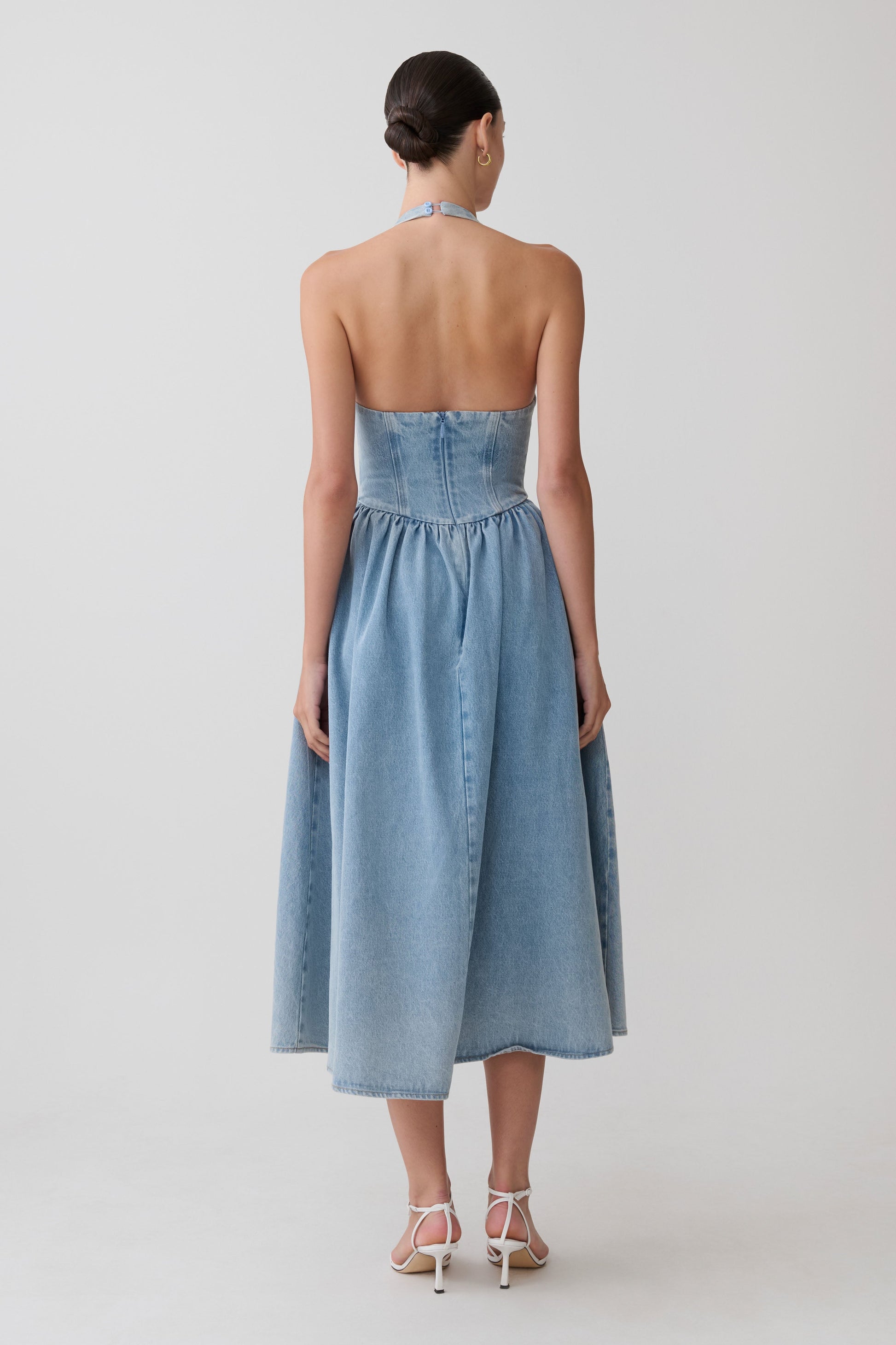 Miller Denim Halter Midi Dress - Classic Blue | MESHKI US Miller Denim Halter Midi Dress - Classic Blue | MESHKI US