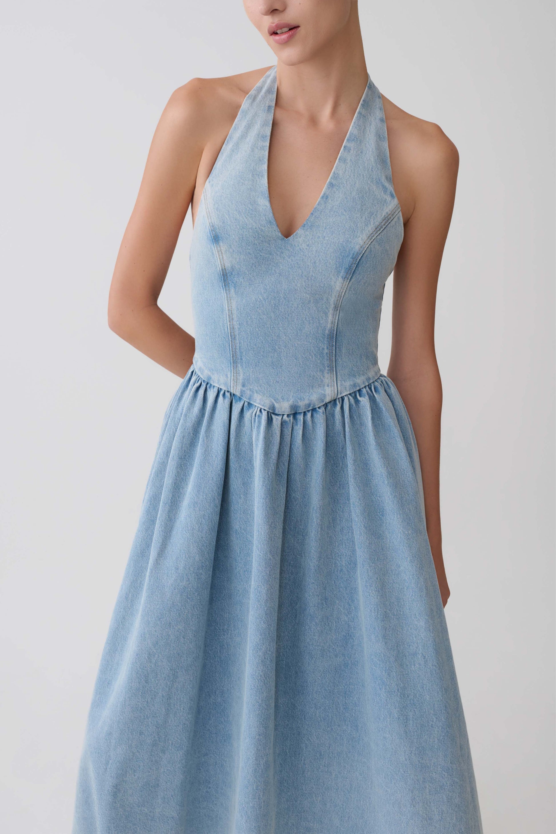 Miller Denim Halter Midi Dress - Classic Blue | MESHKI US Miller Denim Halter Midi Dress - Classic Blue | MESHKI US