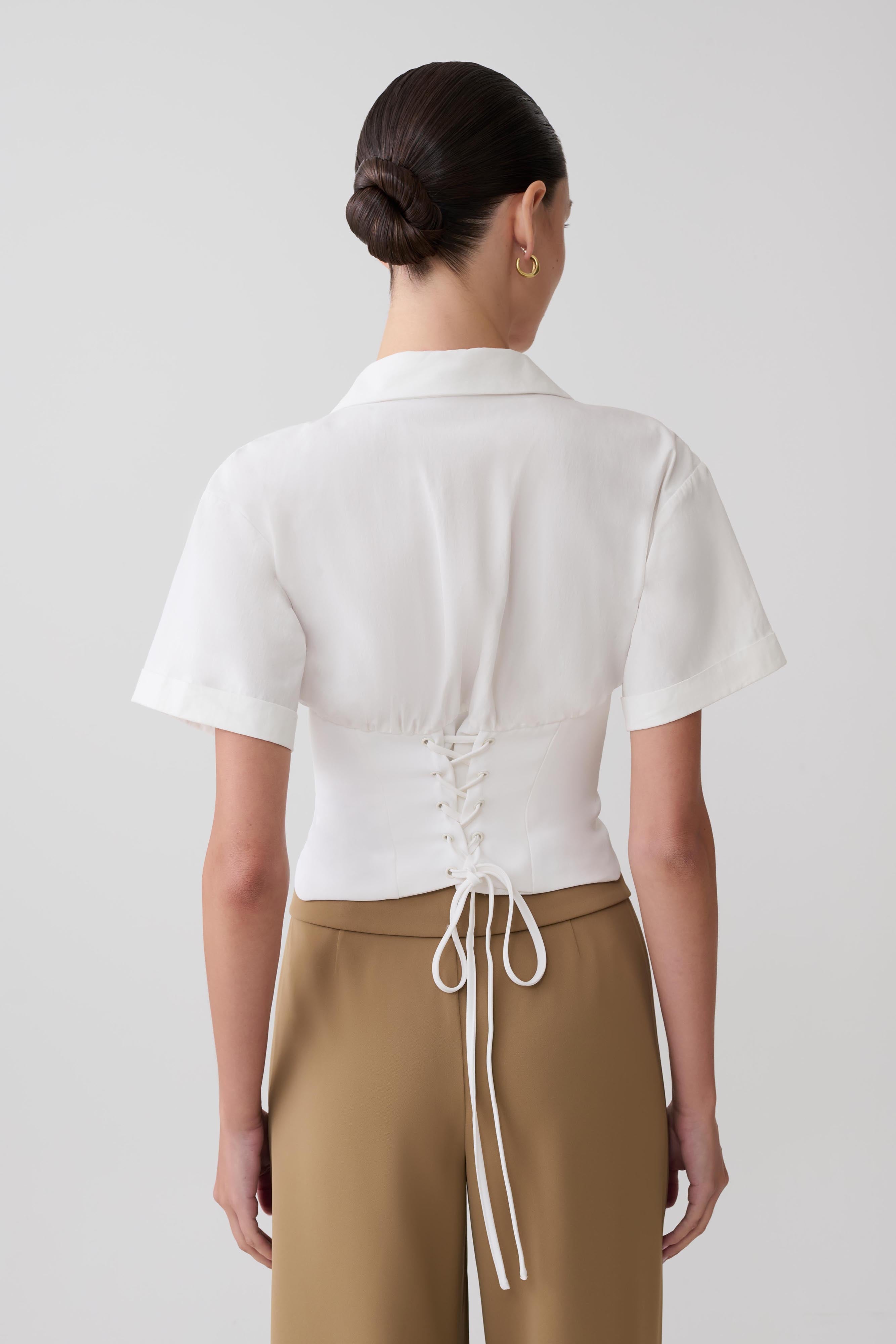 Noelia Tie Back Short Sleeve Shirt - White | MESHKI US
