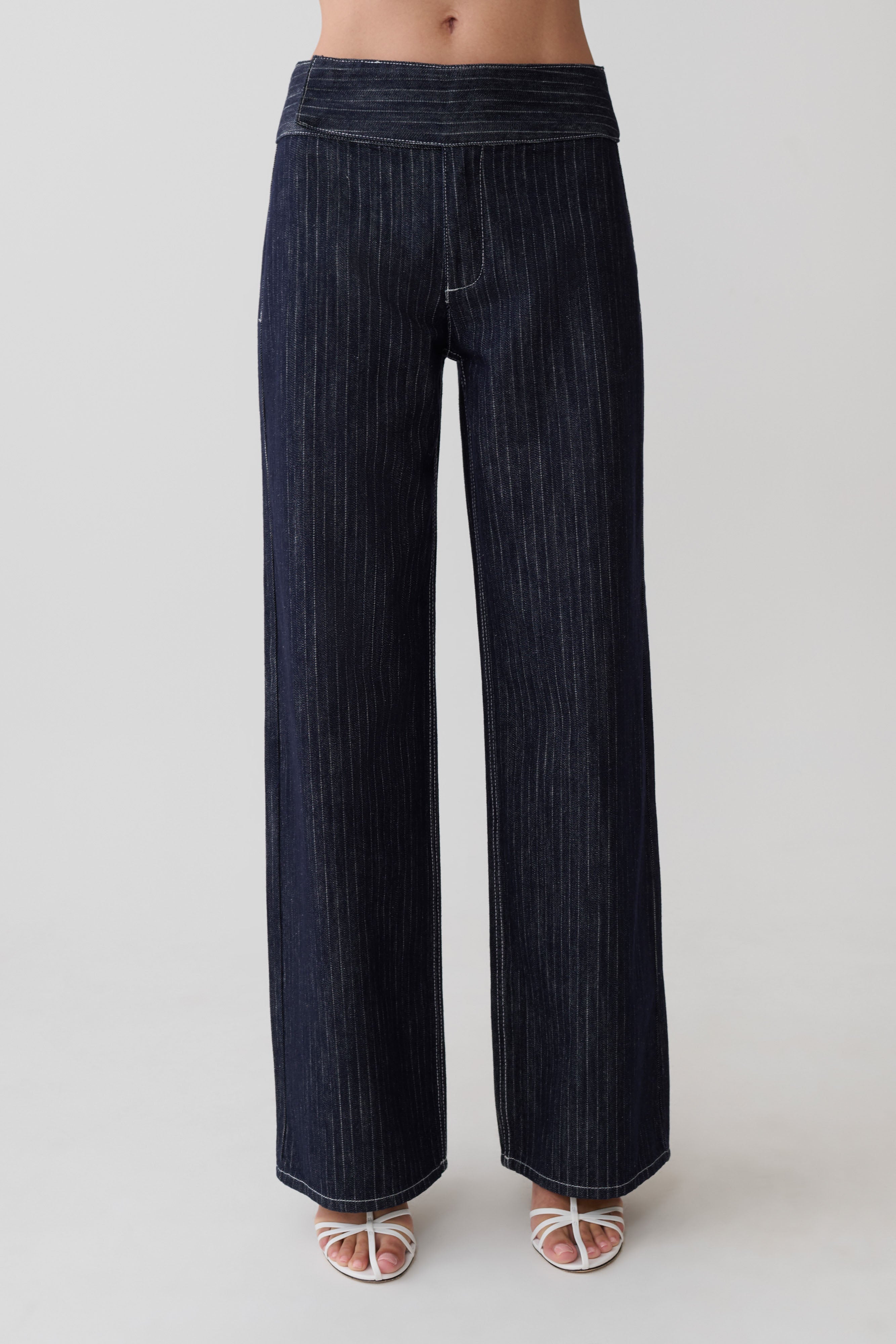 Sienna Flare Mid Rise Denim Jeans - Indigo Pinstripe | MESHKI US