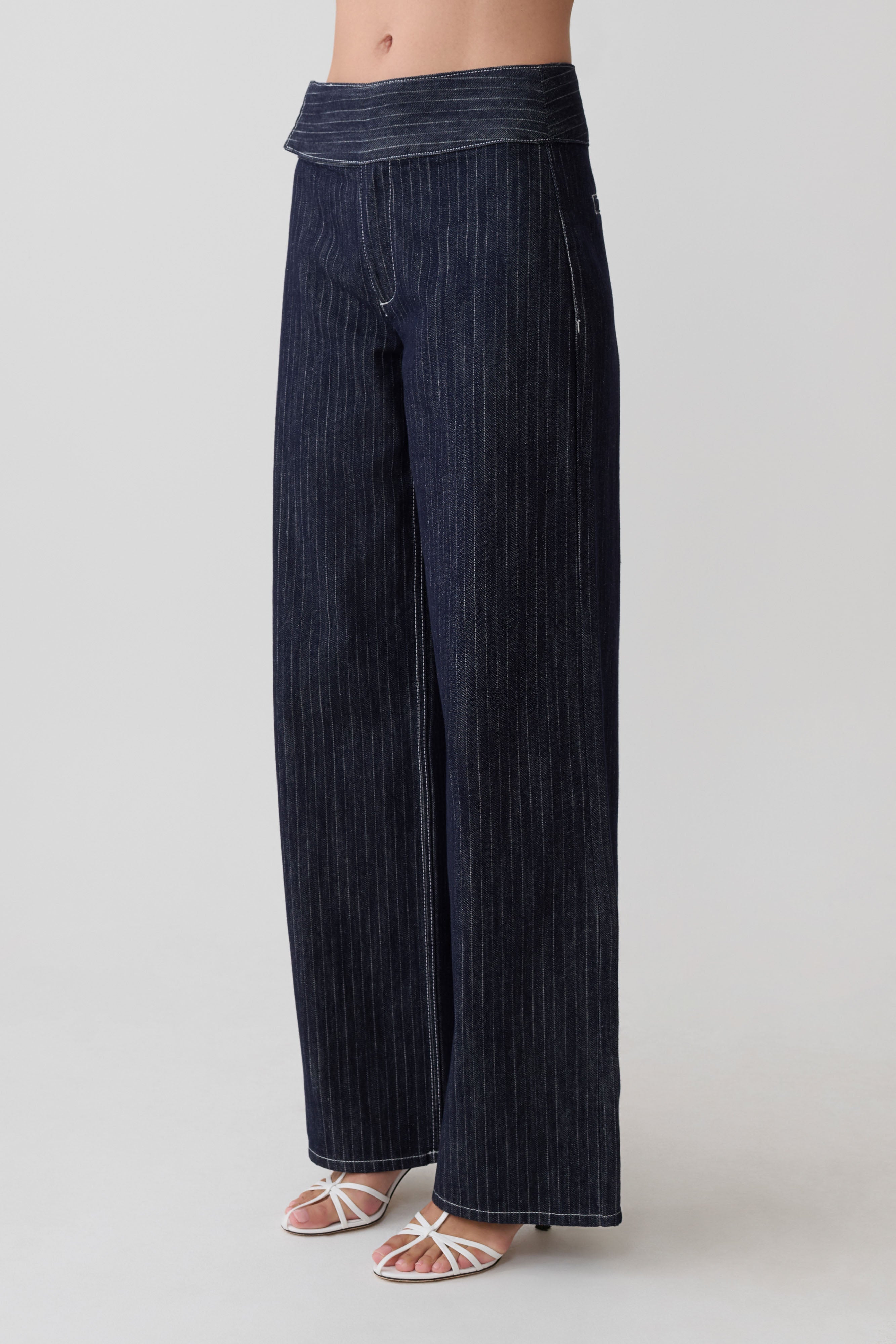 Sienna Flare Mid Rise Denim Jeans - Indigo Pinstripe | MESHKI US