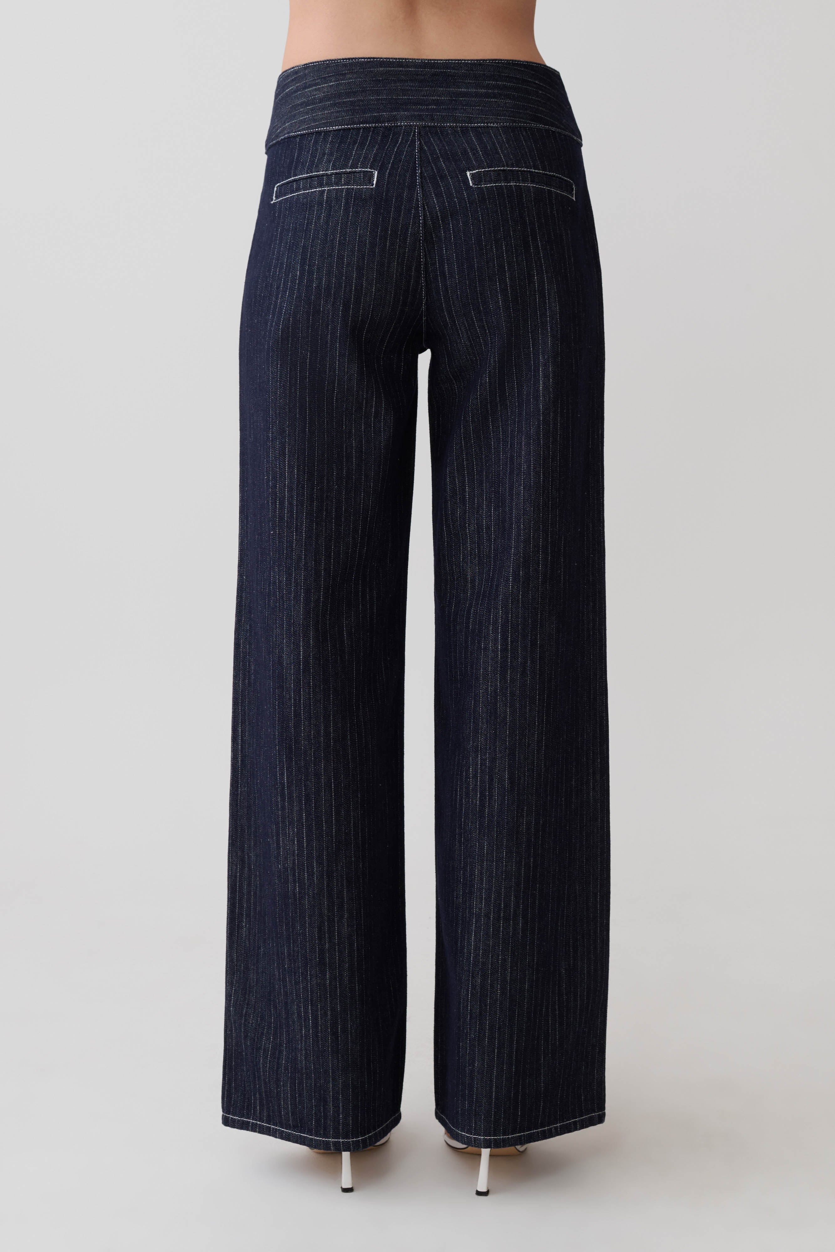 Sienna Flare Mid Rise Denim Jeans - Indigo Pinstripe | MESHKI US