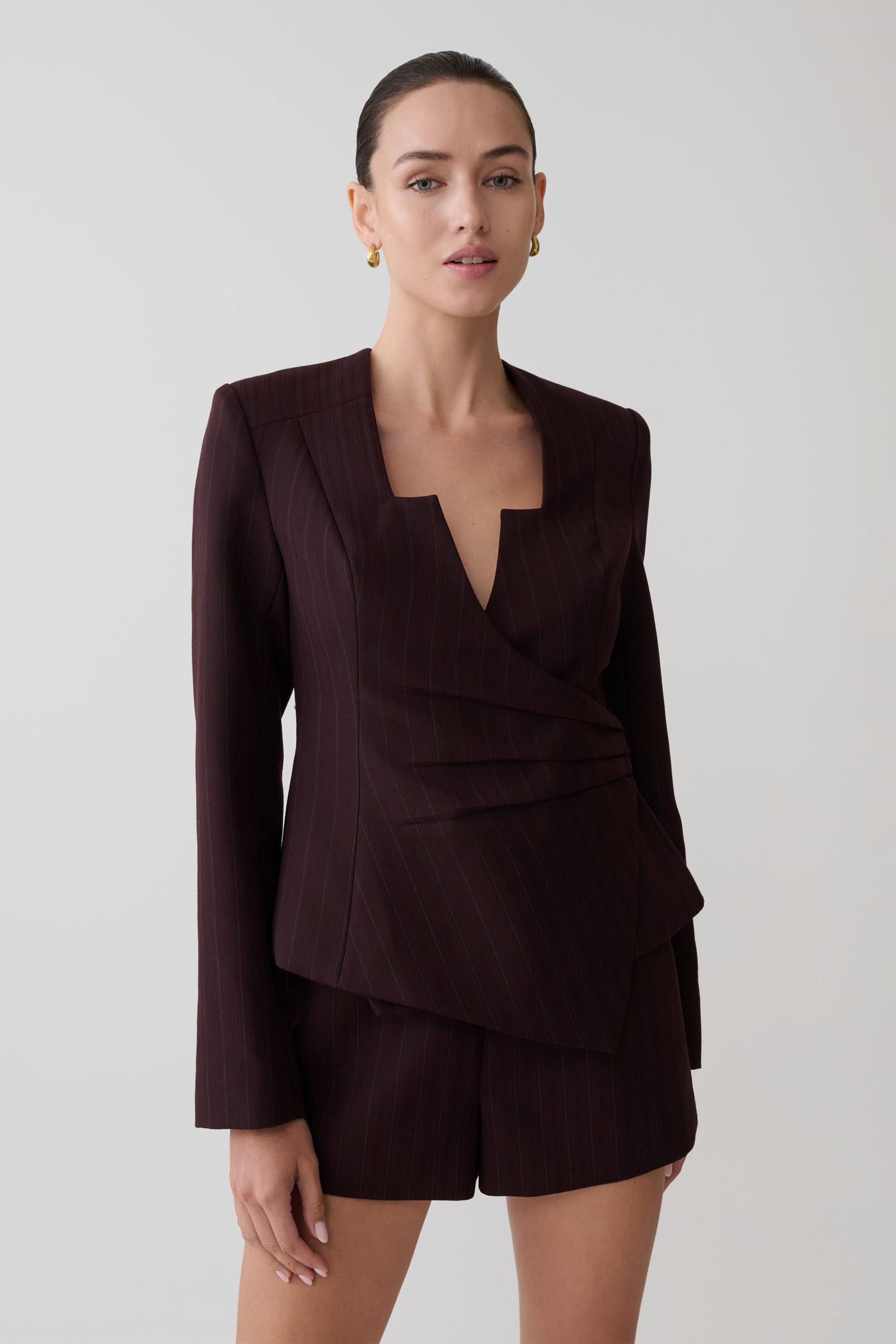 Agatha Square Neck Blazer - Plum Pinstripe