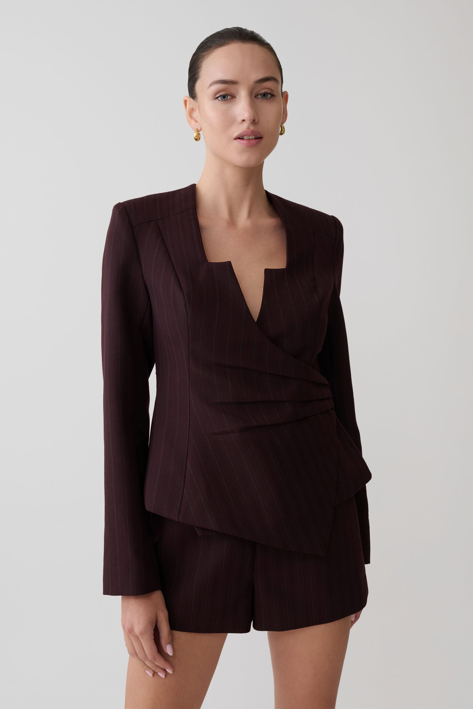 Agatha Square Neck Blazer - Plum Pinstripe