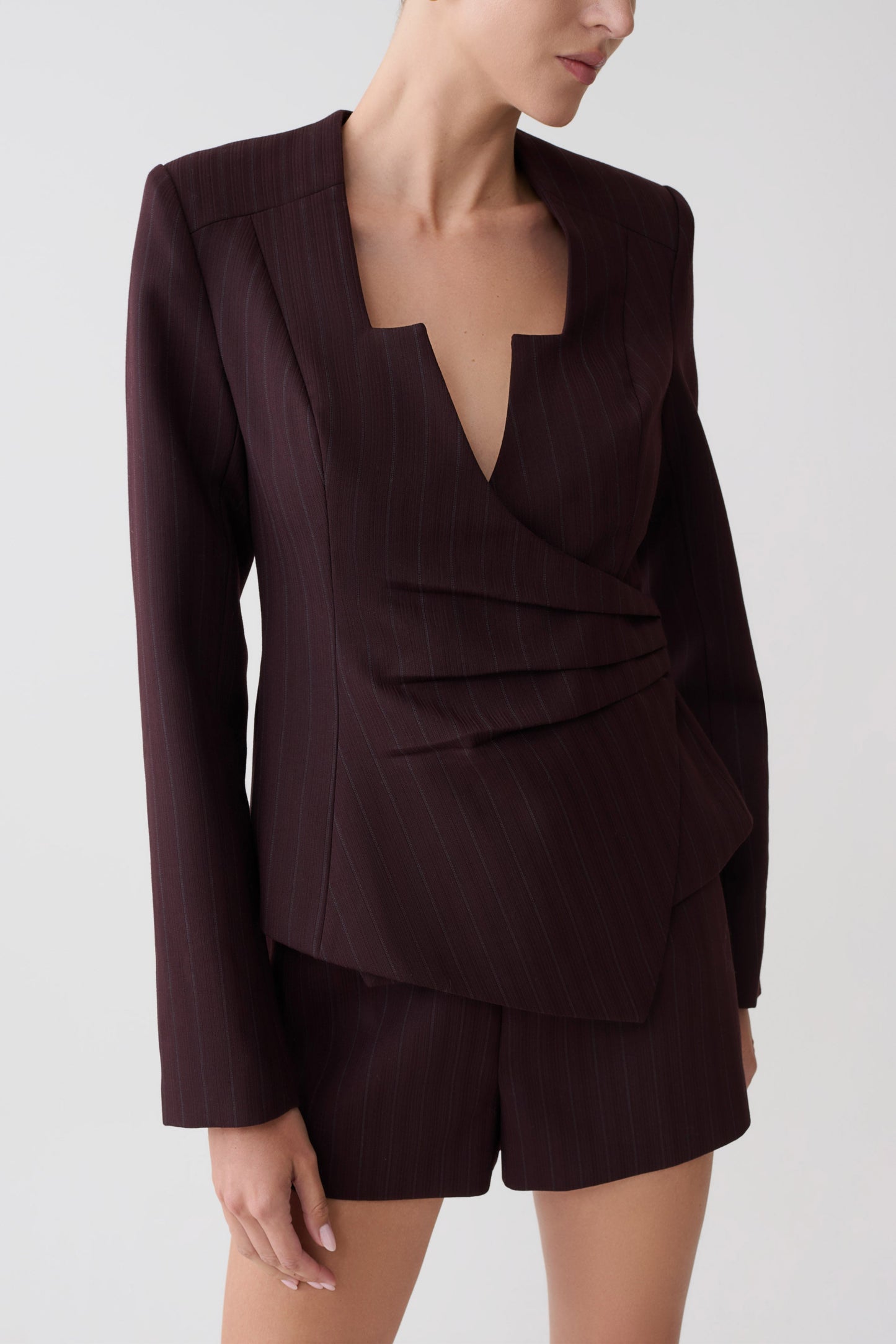 Agatha Square Neck Blazer - Plum Pinstripe