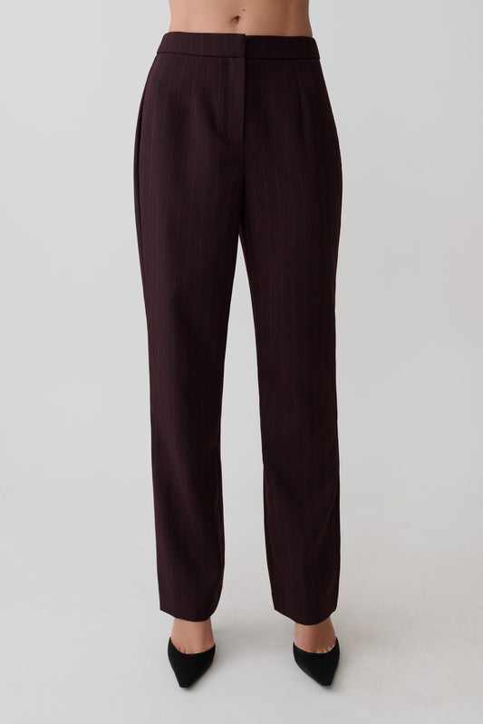 Agatha Straight Leg Suiting Pants - Plum Pinstripe