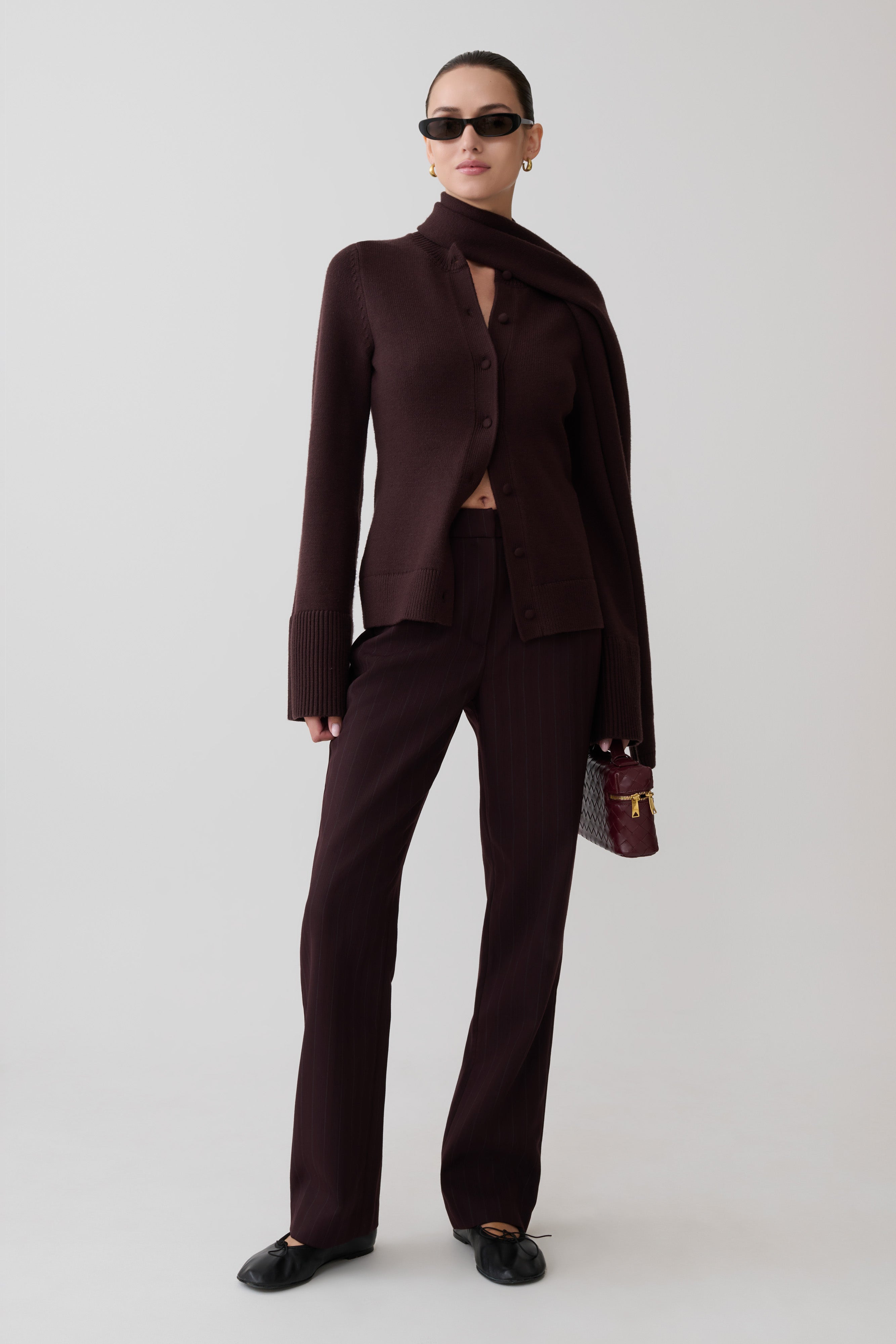 Lara Knit Cardigan With Scarf - Chocolate | MESHKI US