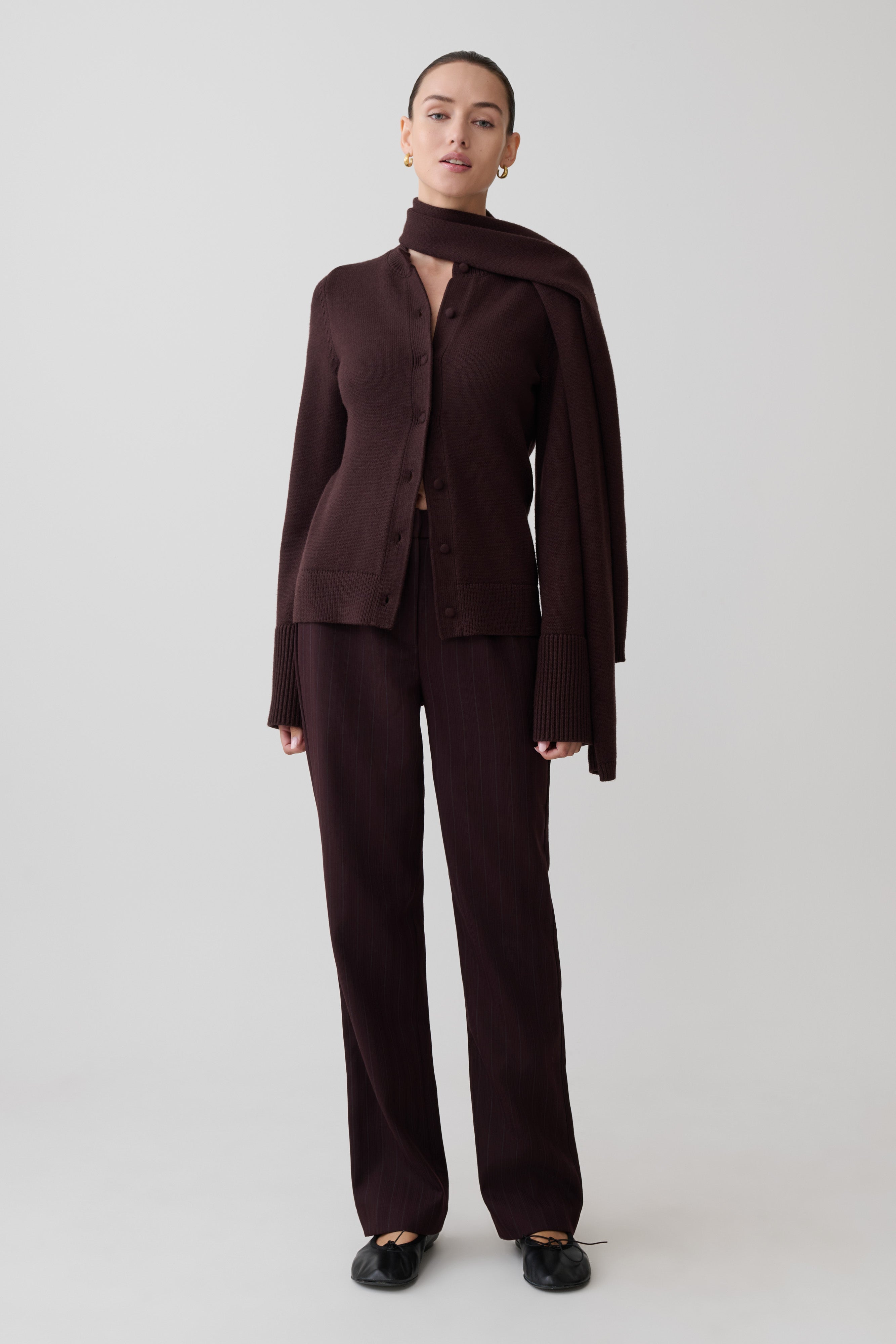 Lara Knit Cardigan With Scarf - Chocolate | MESHKI US