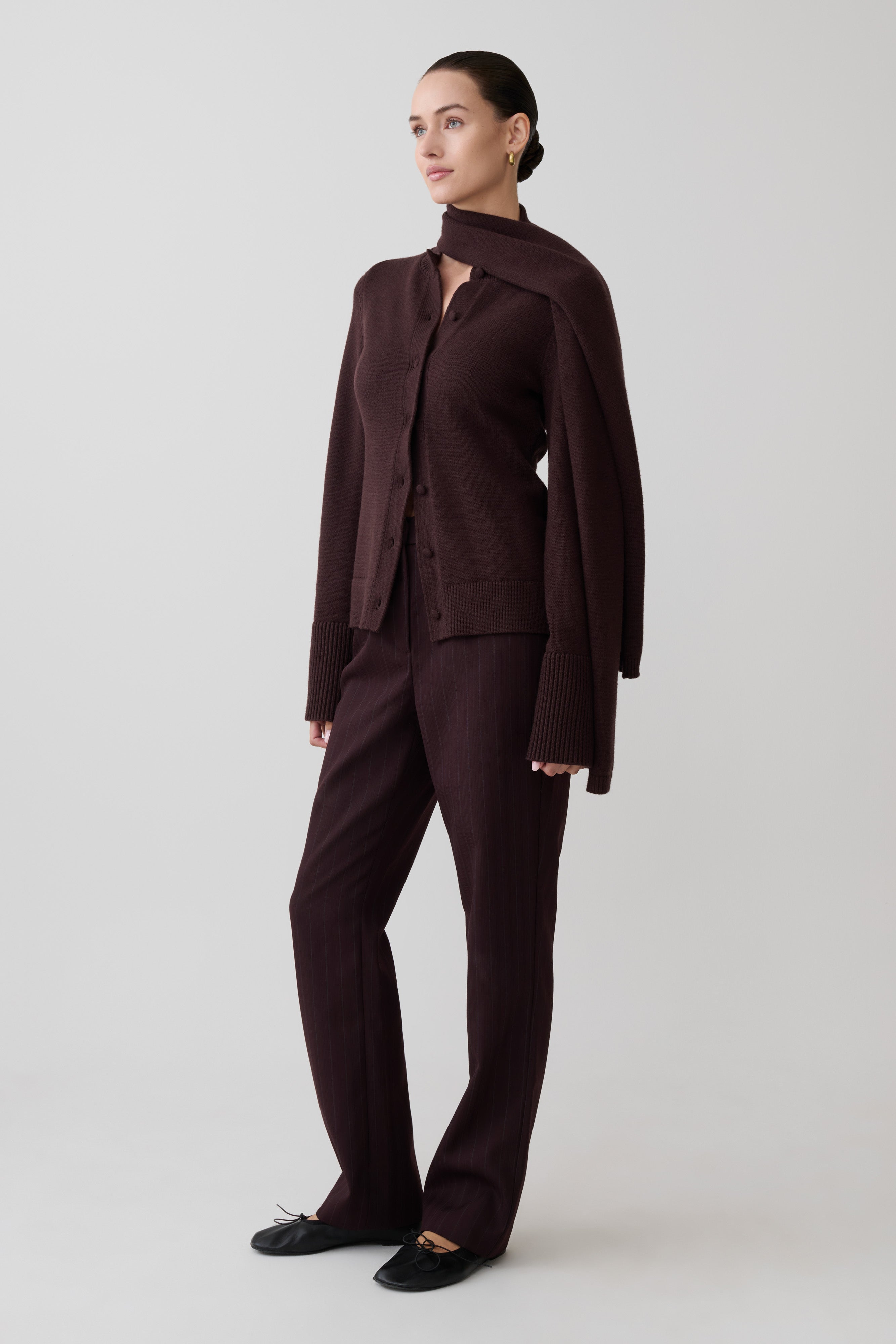 Lara Knit Cardigan With Scarf - Chocolate | MESHKI US