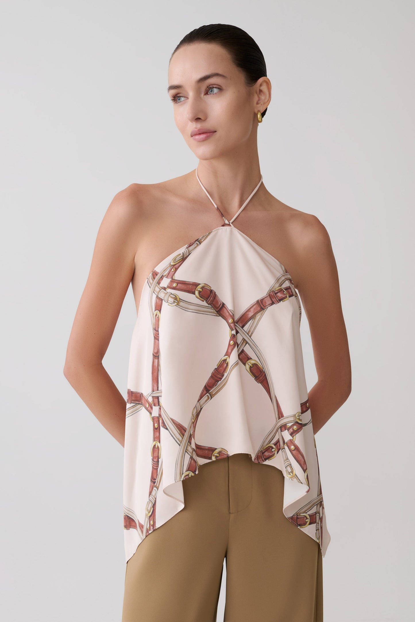 Adelaide Draped Satin Halter Top - Chain Print
