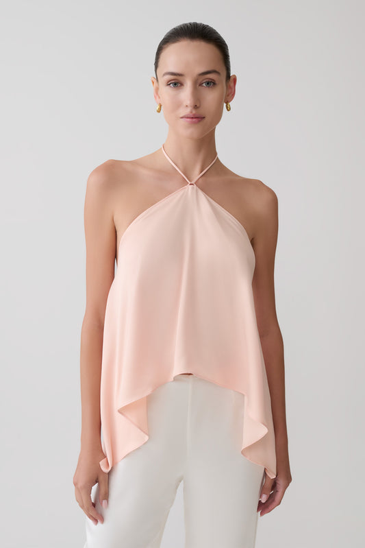 Adelaide Draped Satin Halter Top - Peach