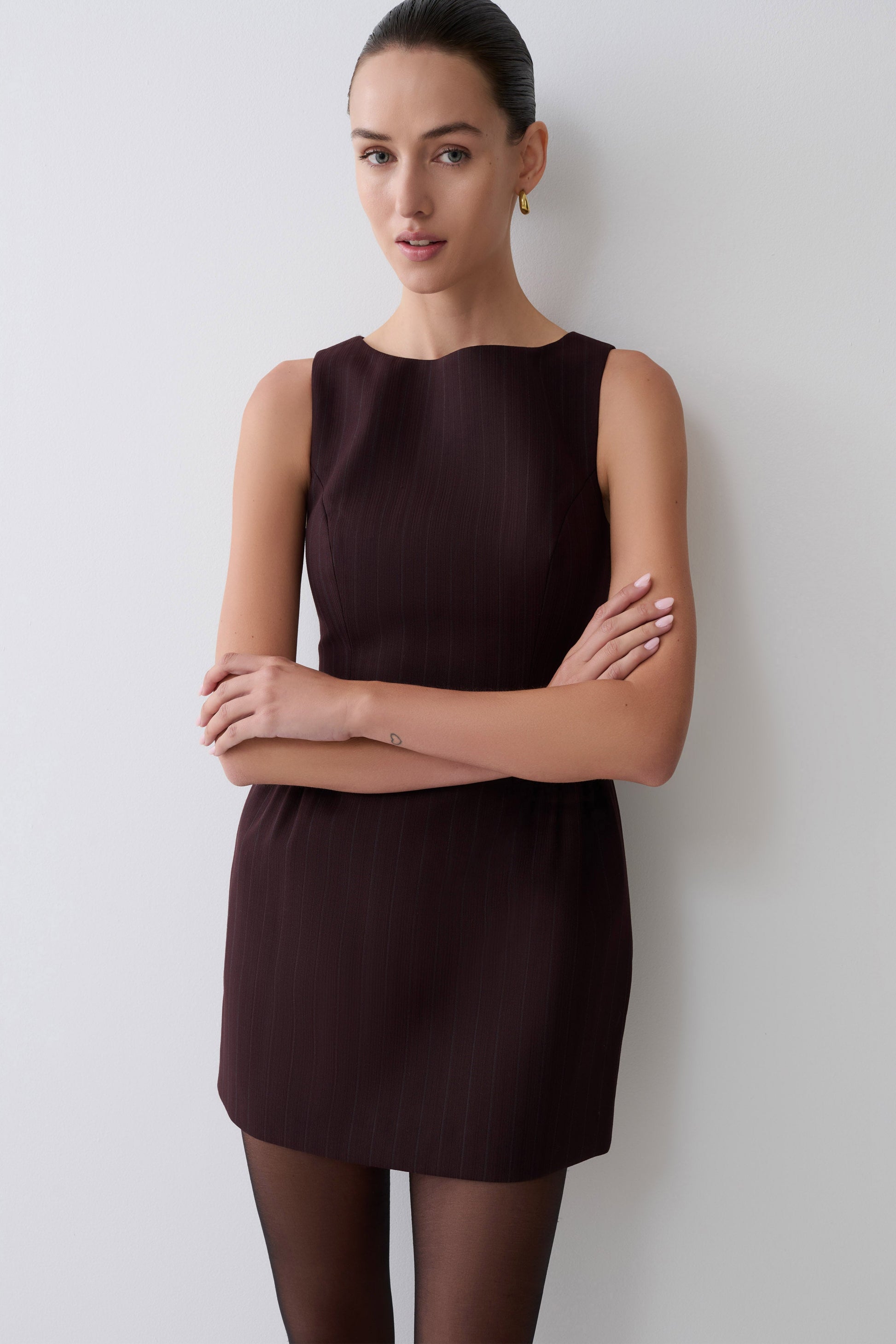 Hallie Boat Neck Mini Dress - Plum Pinstripe #3