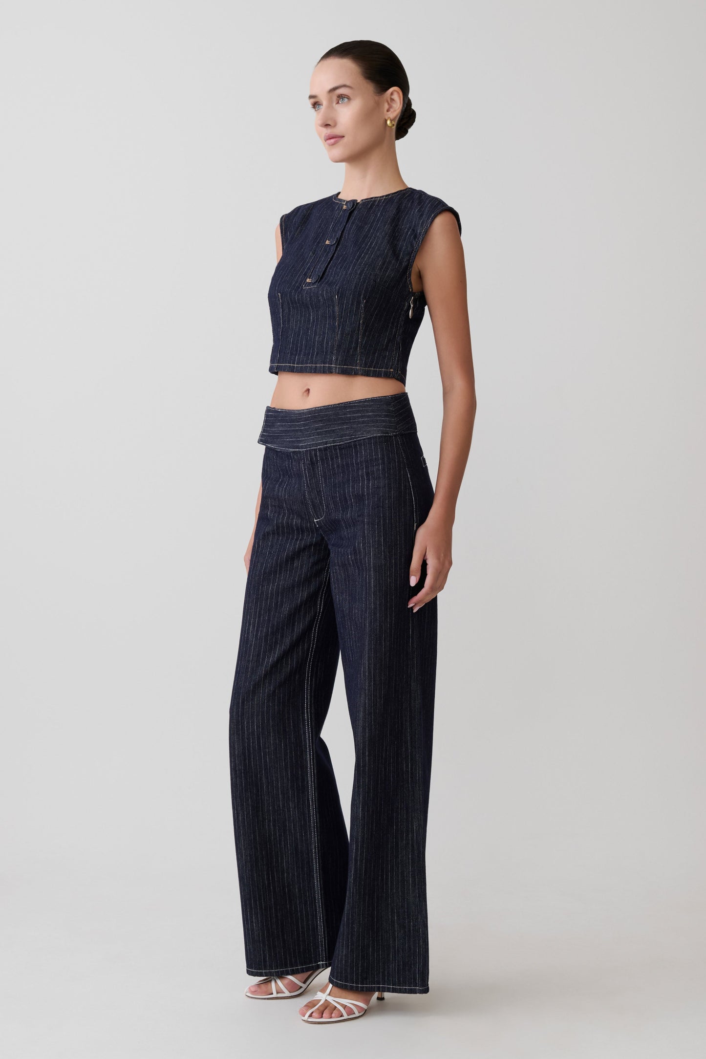 Sienna Flare Mid Rise Denim Jeans - Indigo Pinstripe