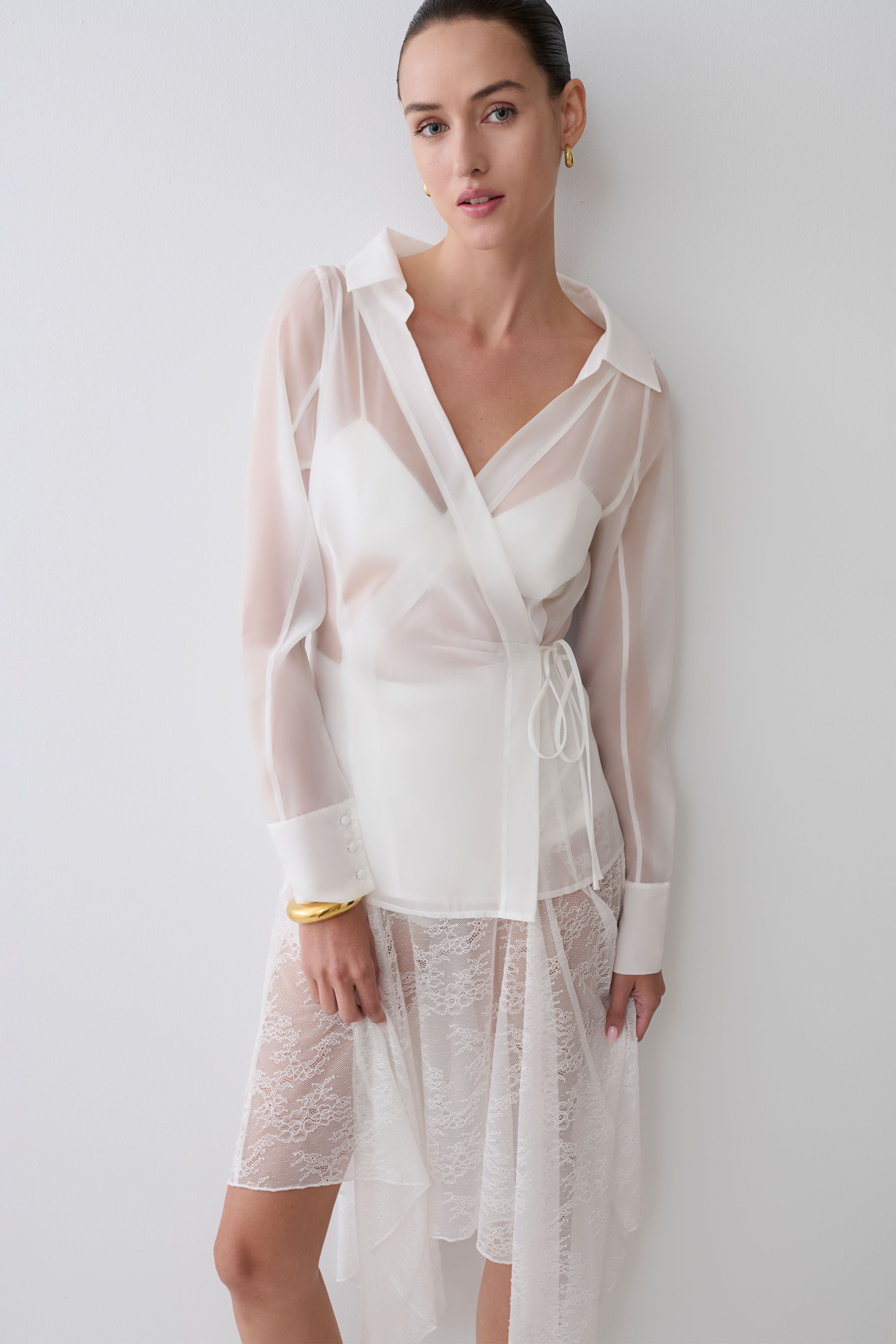Frankie Organza Cross Over Shirt - White | MESHKI US