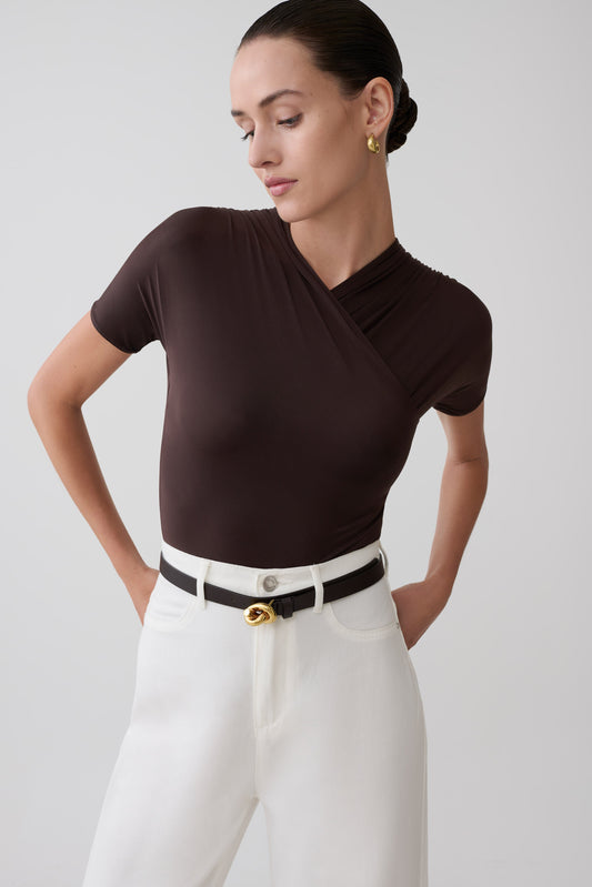 Junie Shortsleeve Cross-Over Bodysuit - Chocolate