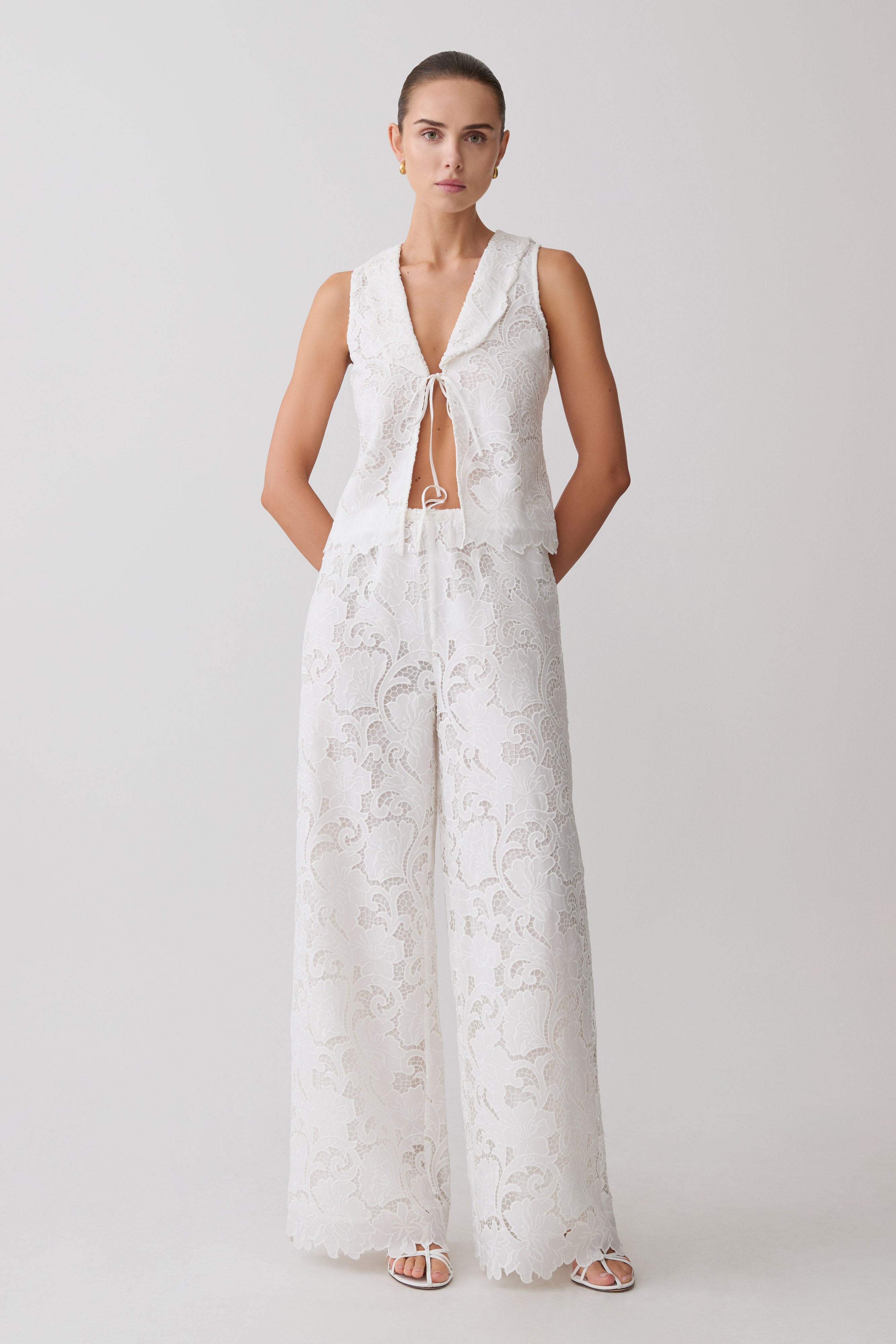 Tessa Broderie Straight Leg Pants - White | MESHKI US