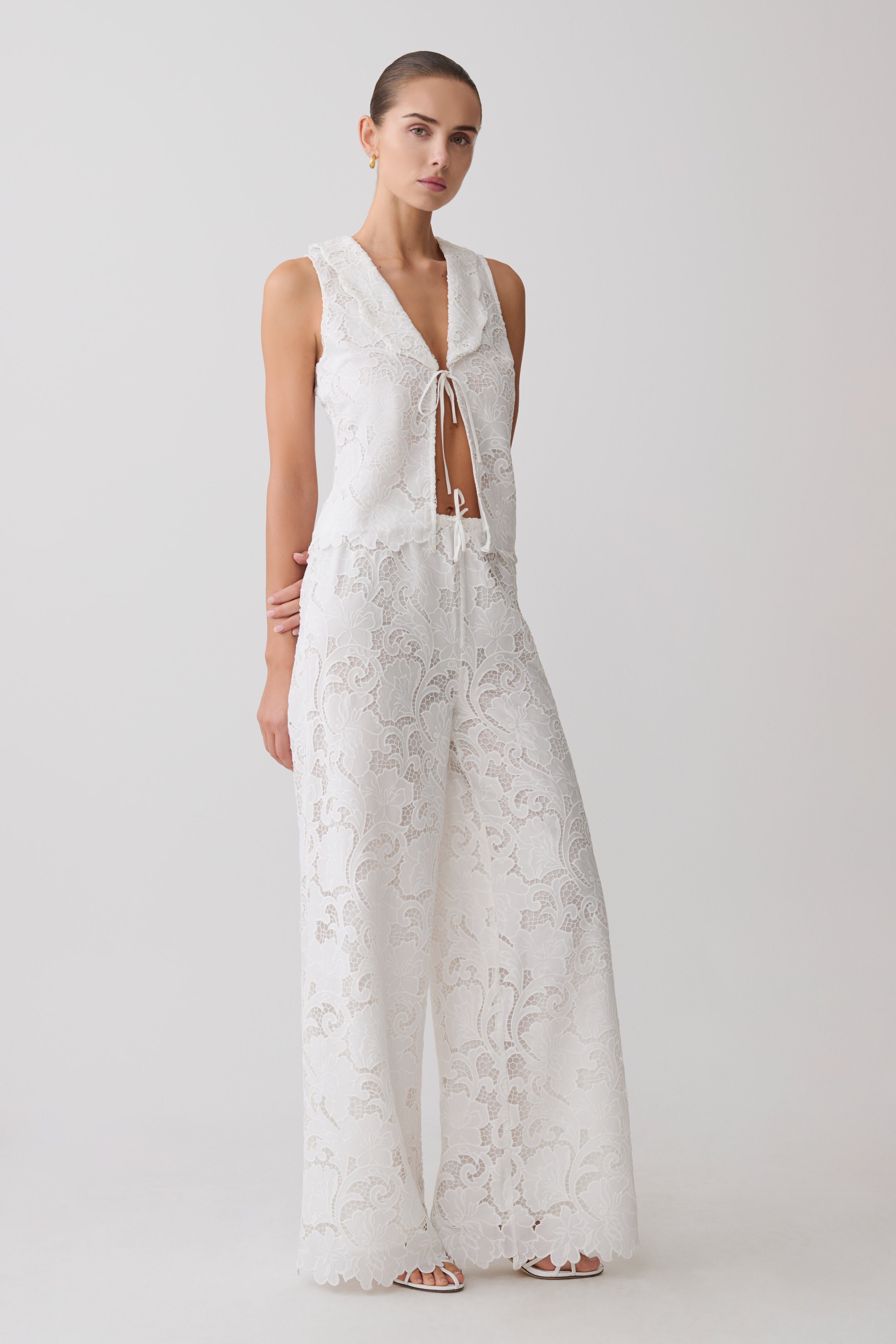 Tessa Broderie Straight Leg Pants - White | MESHKI US
