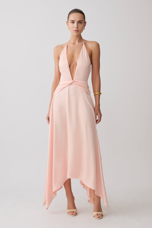 Cyra Plunge Satin Midi Dress - Peach