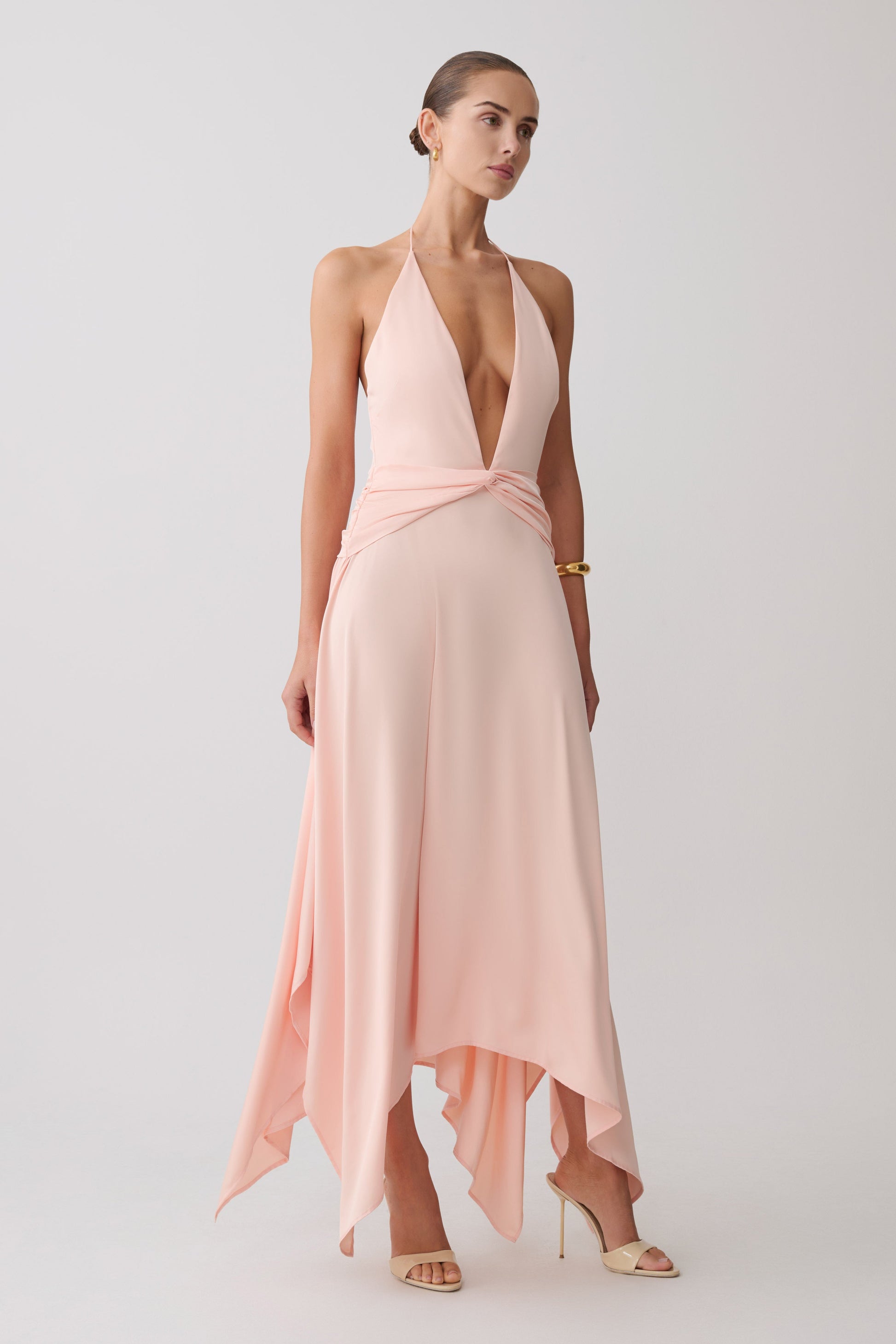 Cyra Plunge Satin Midi Dress - Peach | MESHKI US Cyra Plunge Satin Midi Dress - Peach | MESHKI US
