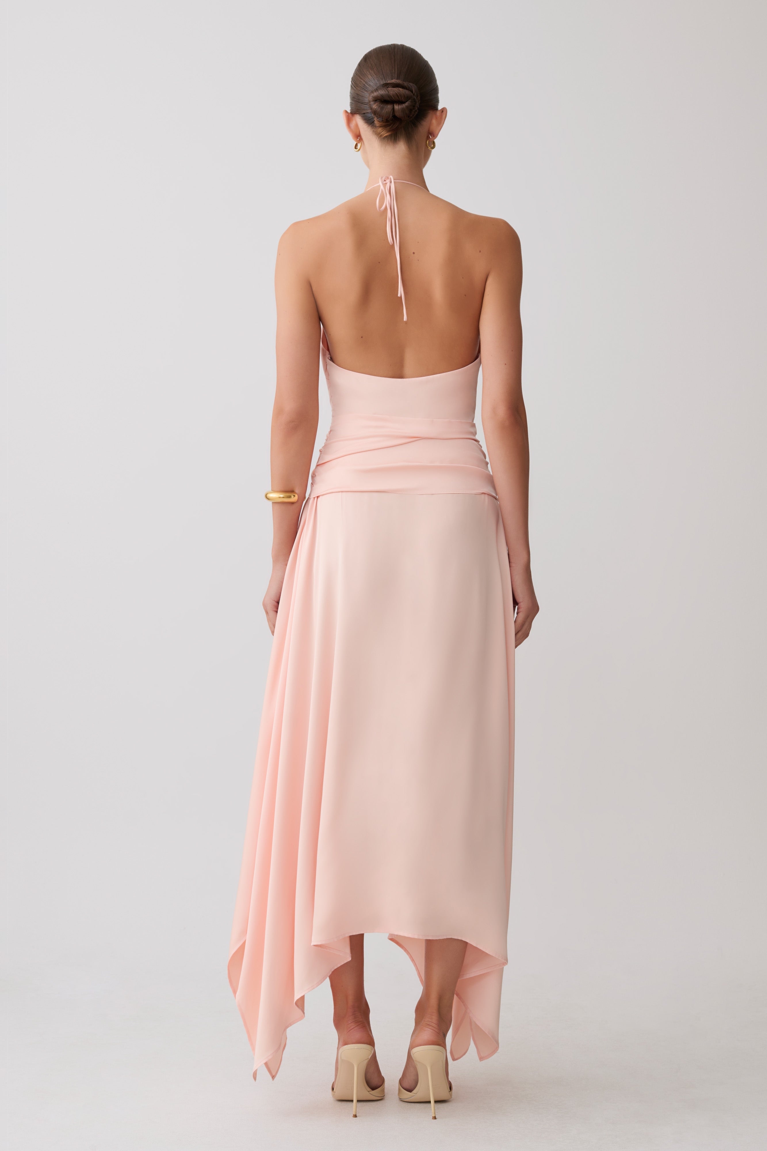 Cyra Plunge Satin Midi Dress - Peach | MESHKI US