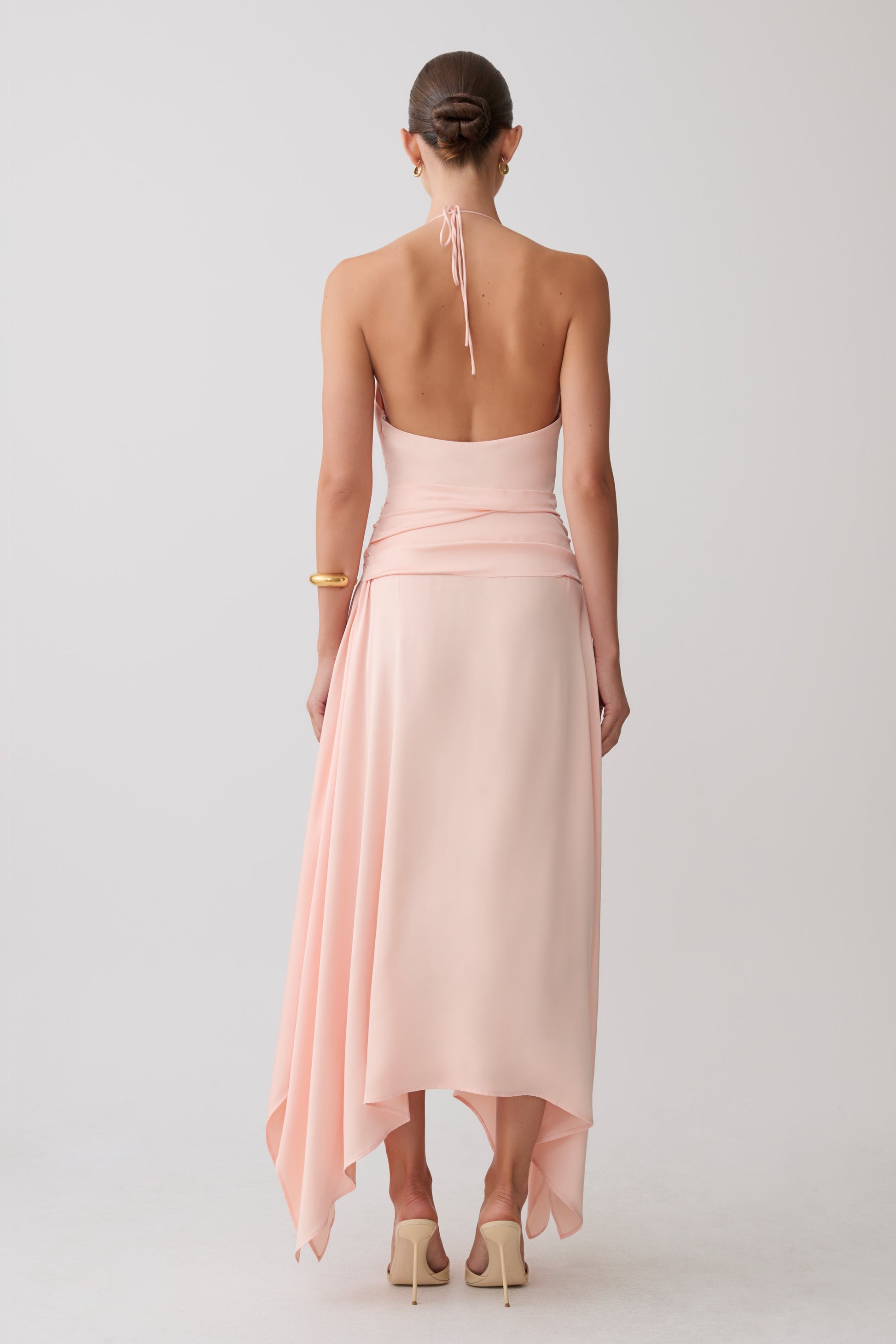 Cyra Plunge Satin Midi Dress - Peach | MESHKI US Cyra Plunge Satin Midi Dress - Peach | MESHKI US