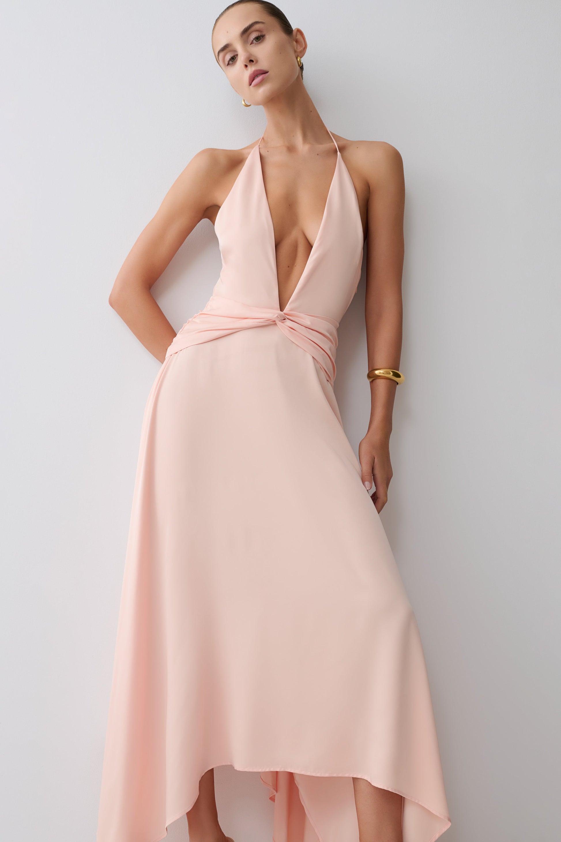 Cyra Plunge Satin Midi Dress - Peach | MESHKI US Cyra Plunge Satin Midi Dress - Peach | MESHKI US