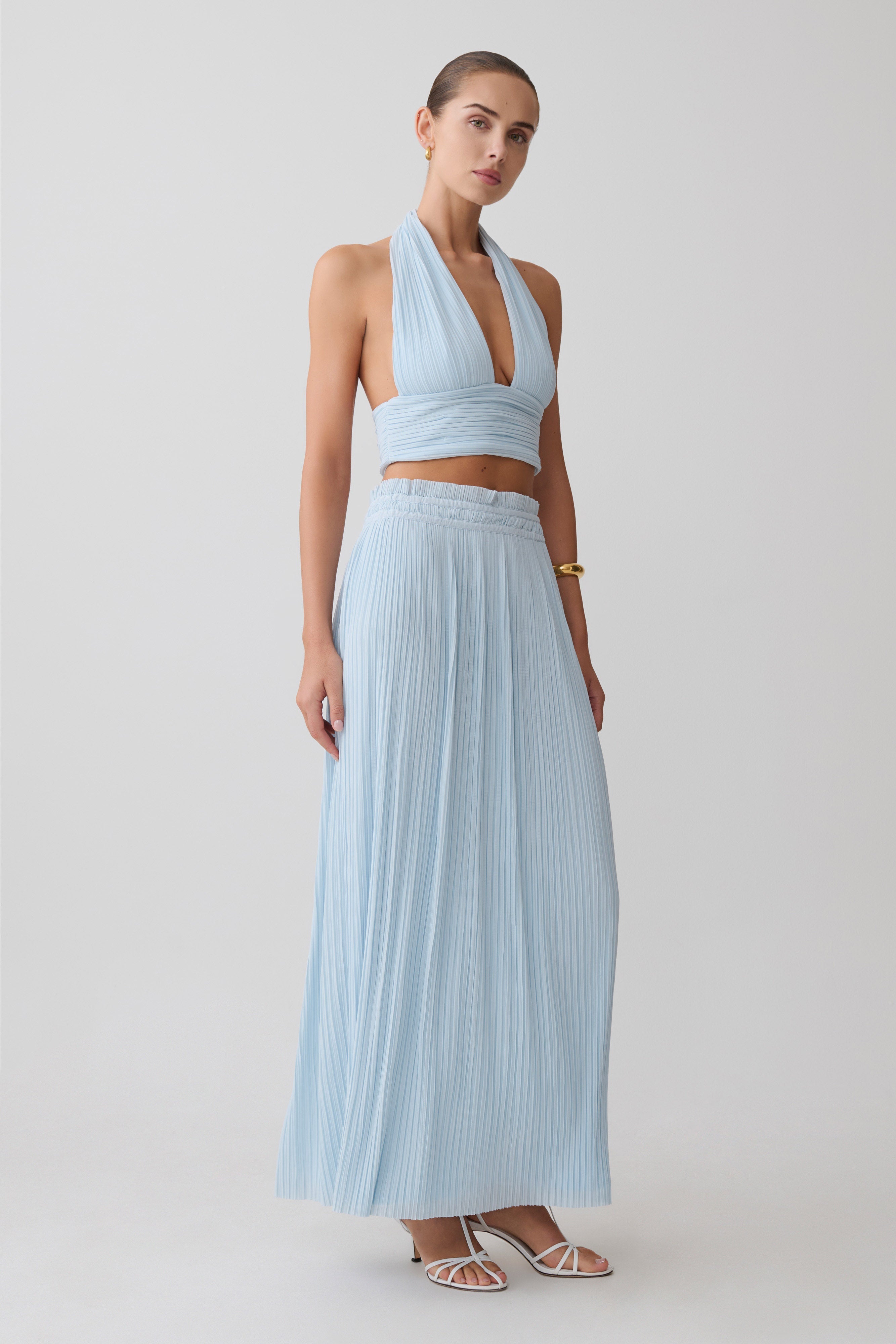Amaris Gathered Plisse Maxi Skirt - Pale Blue | MESHKI US
