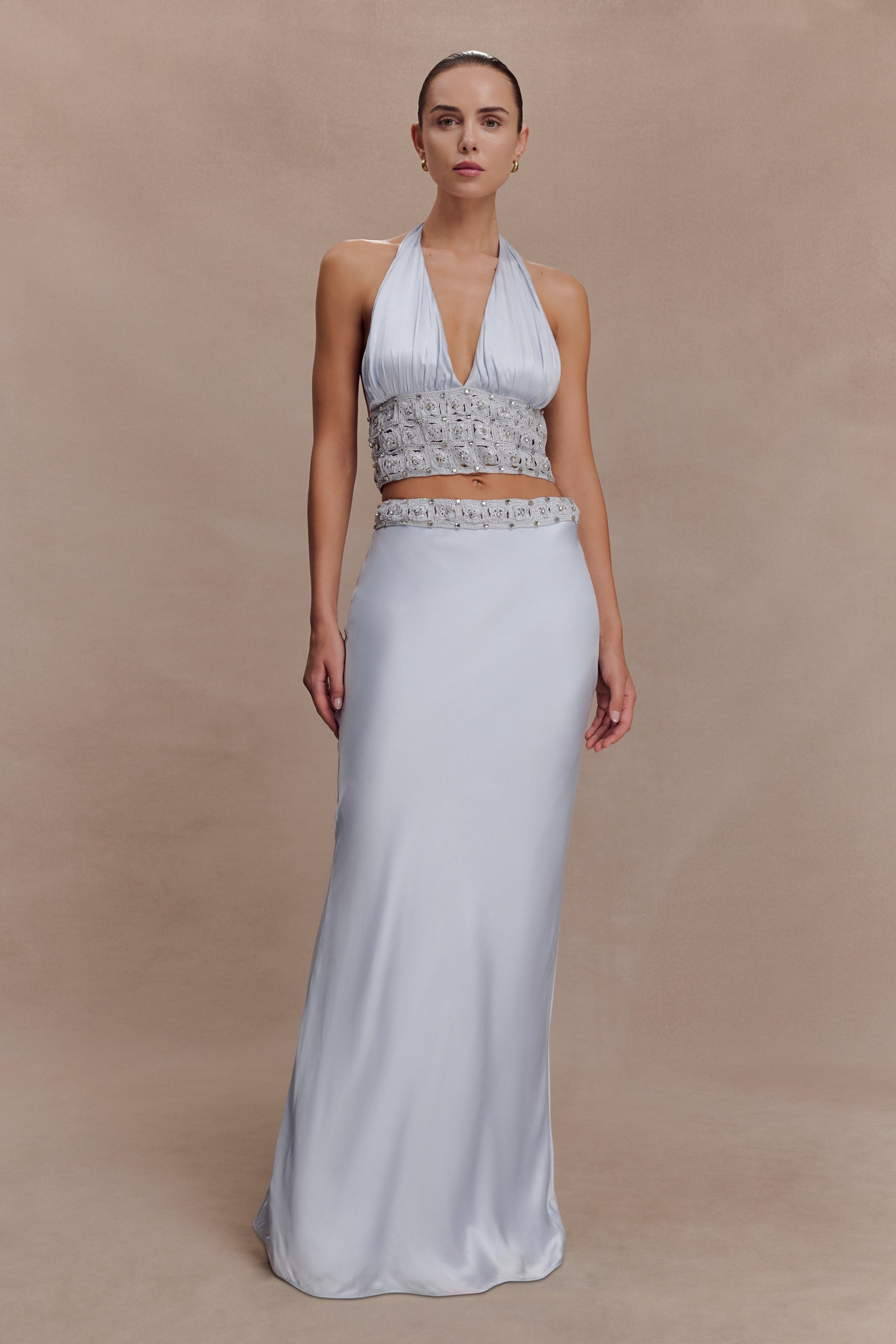 Clementine Chiffon Hand Beaded Top / Pale Blue | MESHKI