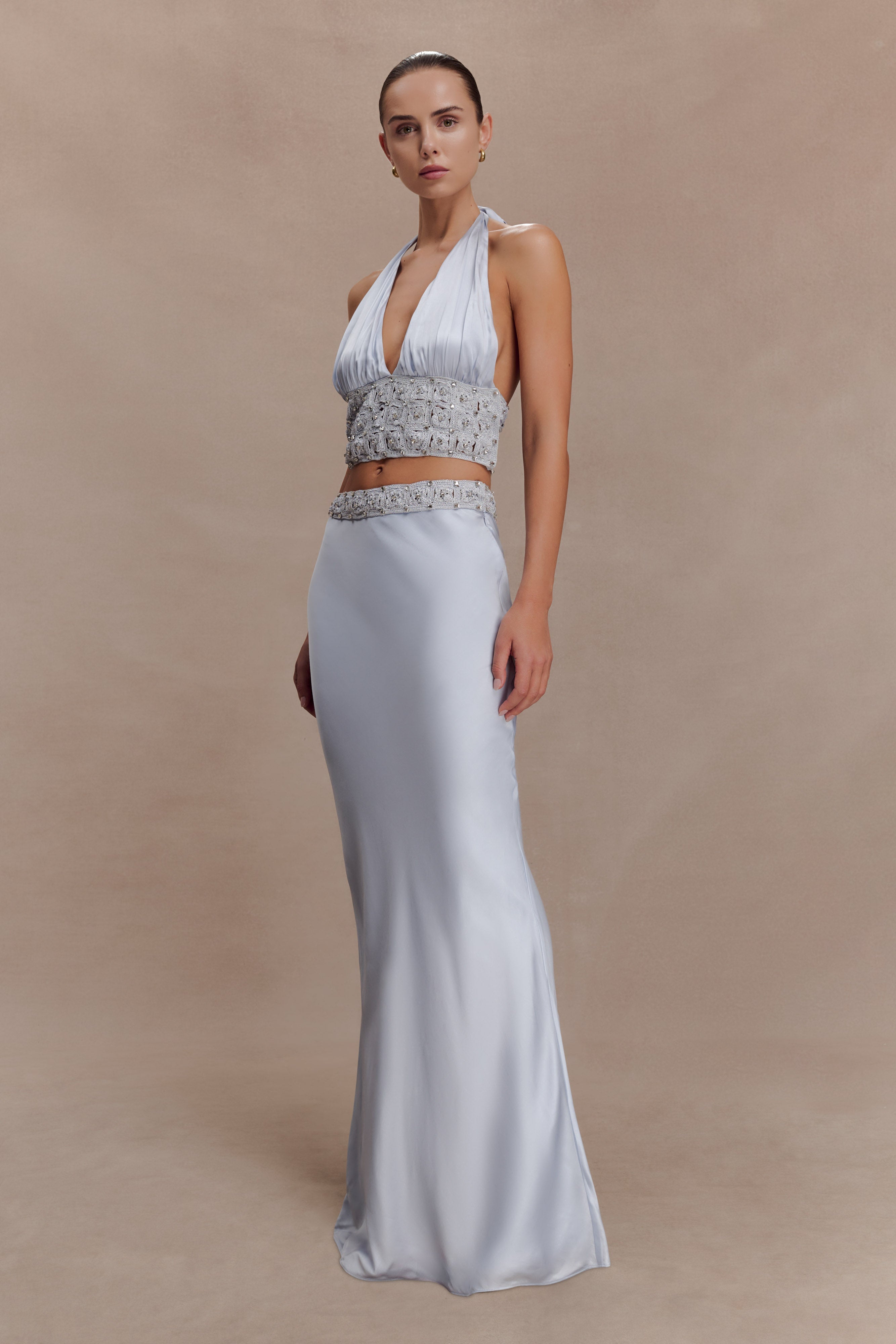 Clementine Chiffon Hand Beaded Maxi Skirt - Pale Blue | MESHKI US