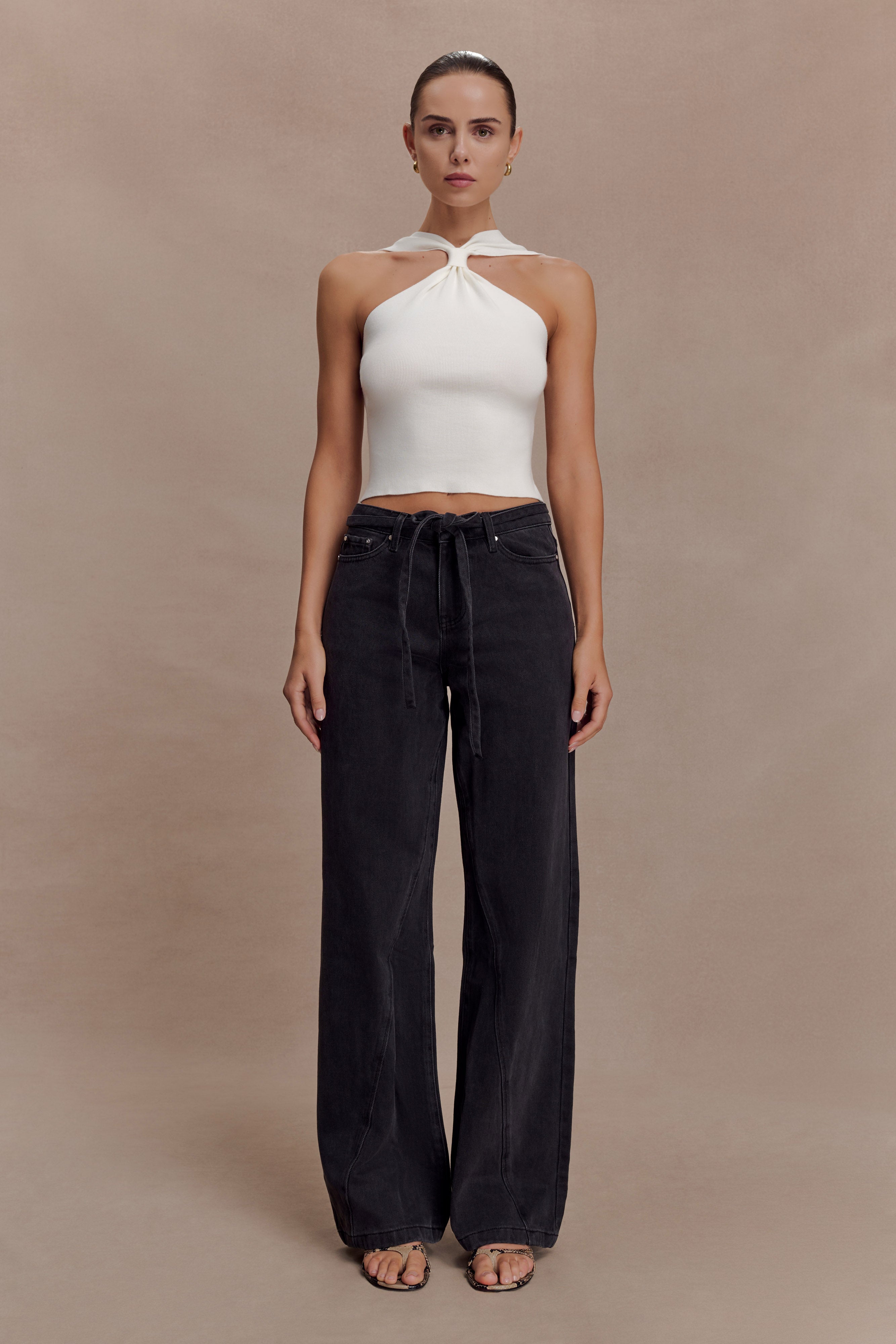 Perrie Mid Rise Straight Leg Tie Jeans - Washed Black | MESHKI US