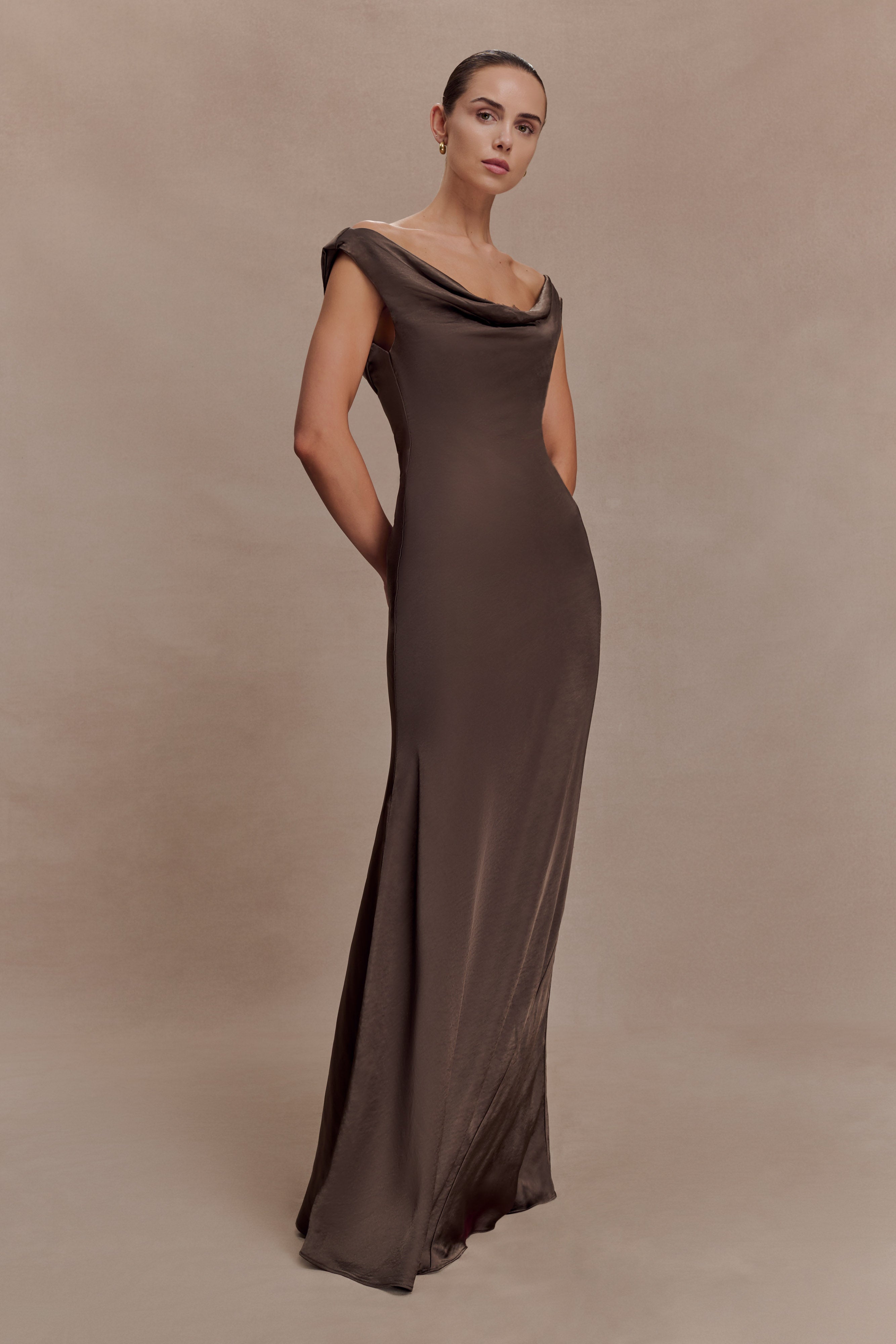 Ashley Cowl Neck Lace And Satin Maxi Dress - Mocha | MESHKI US
