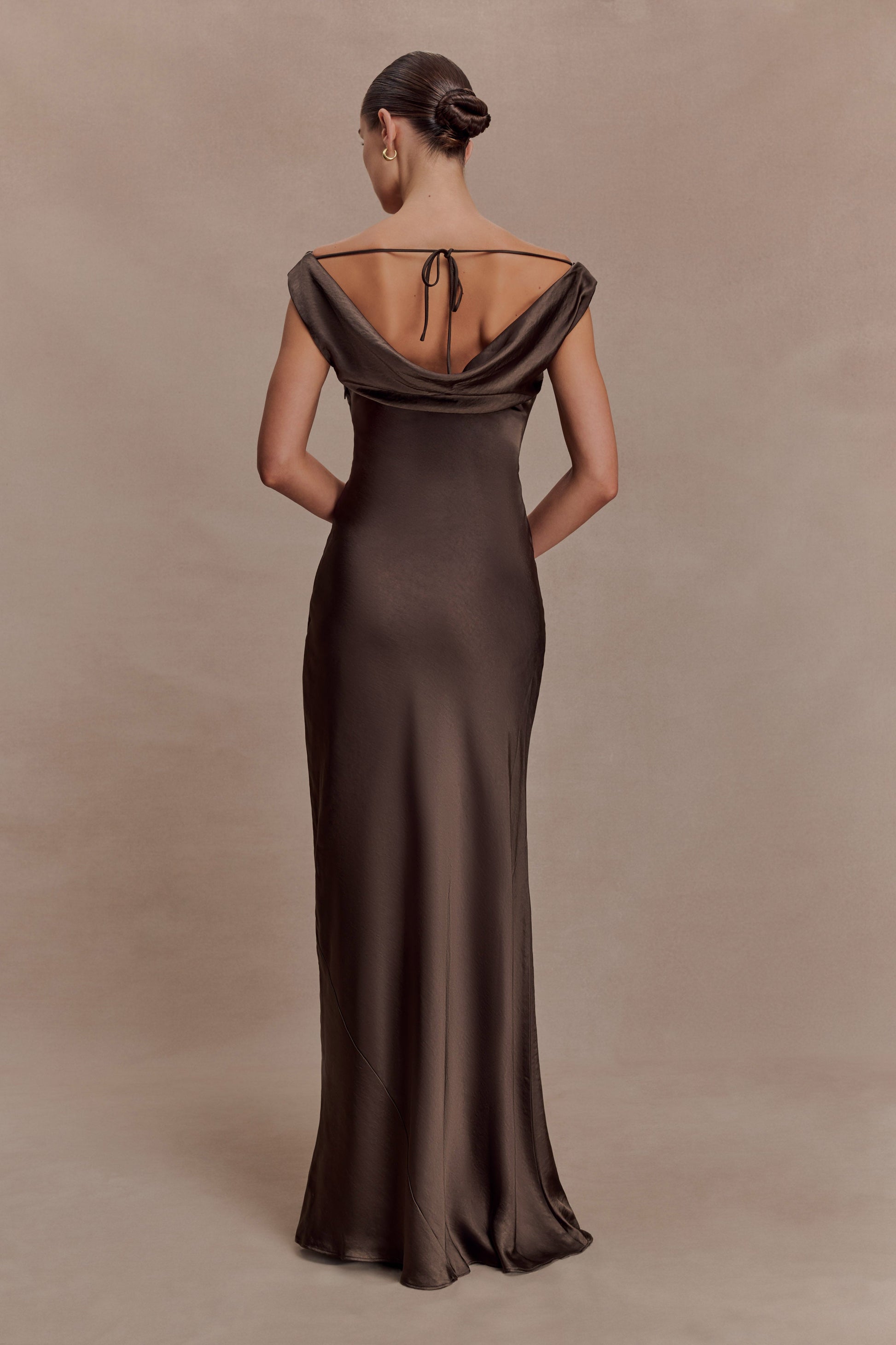 Ashley Cowl Neck Lace And Satin Maxi Dress / Mocha | MESHKI | XXL Ashley Cowl Neck Lace And Satin Maxi Dress / Mocha | MESHKI | XXL