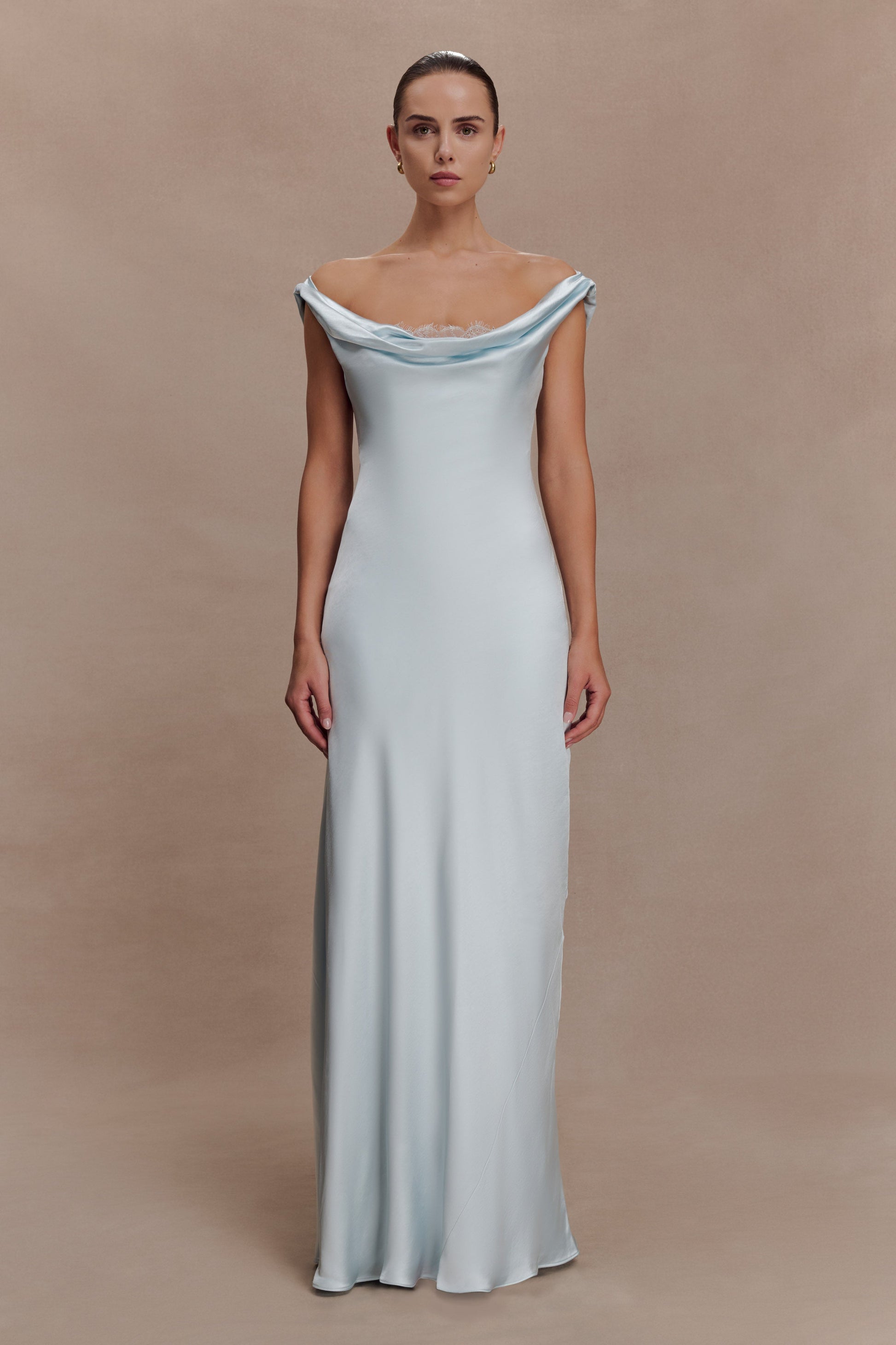 Ashley Cowl Neck Lace And Satin Maxi Dress / Ice Blue | MESHKI