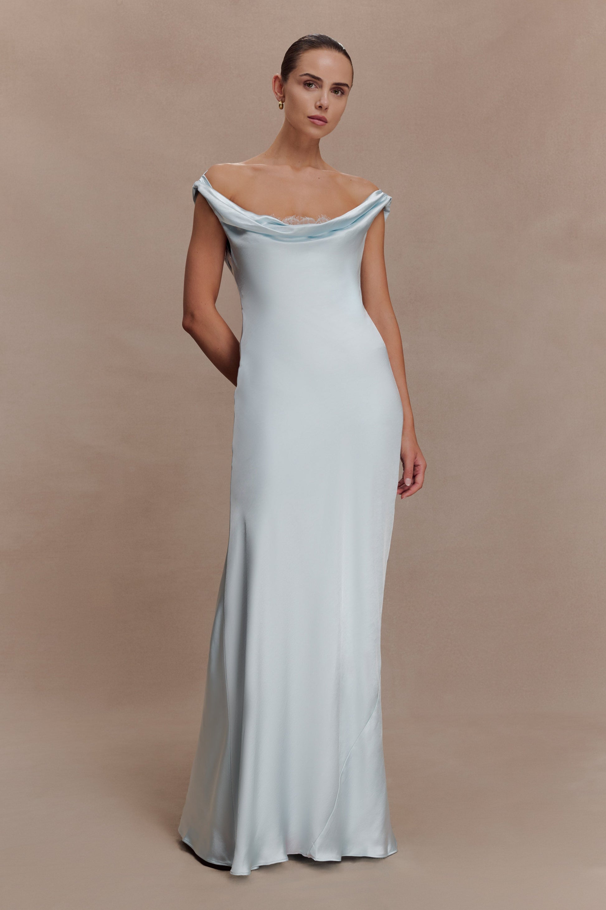 Ashley Cowl Neck Lace And Satin Maxi Dress / Ice Blue | MESHKI