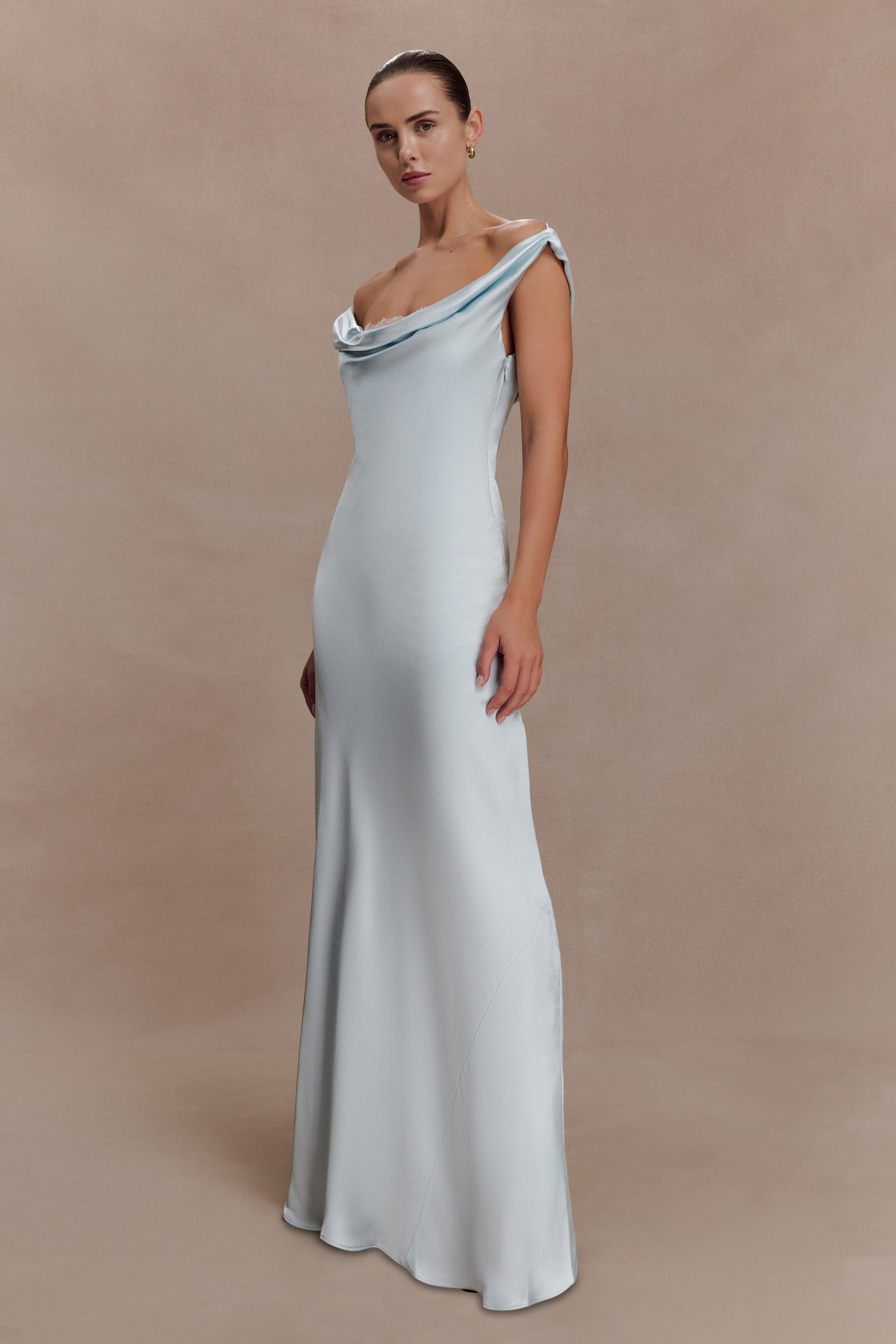 Ashley Cowl Neck Lace And Satin Maxi Dress - Ice Blue #5