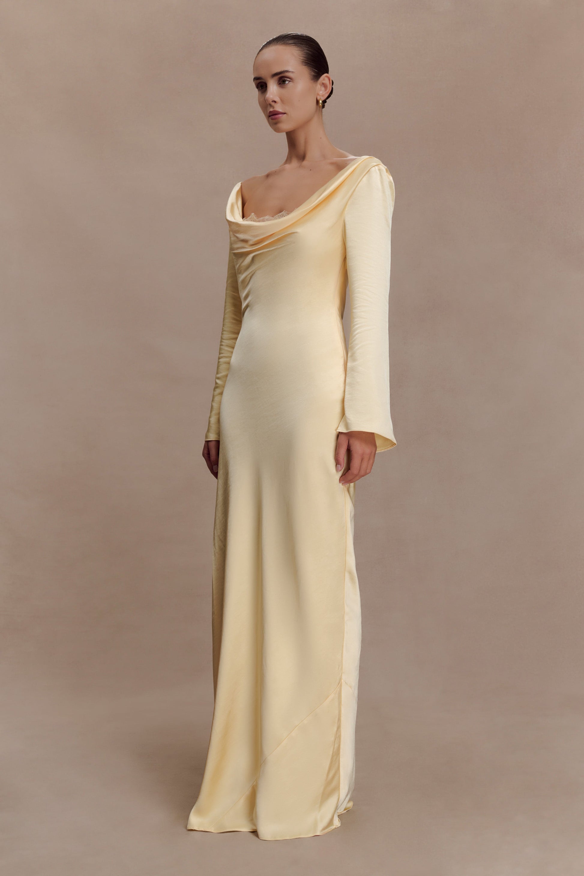 Eliza Long Sleeve Cowl Lace And Satin Maxi Dress - Lemon #3