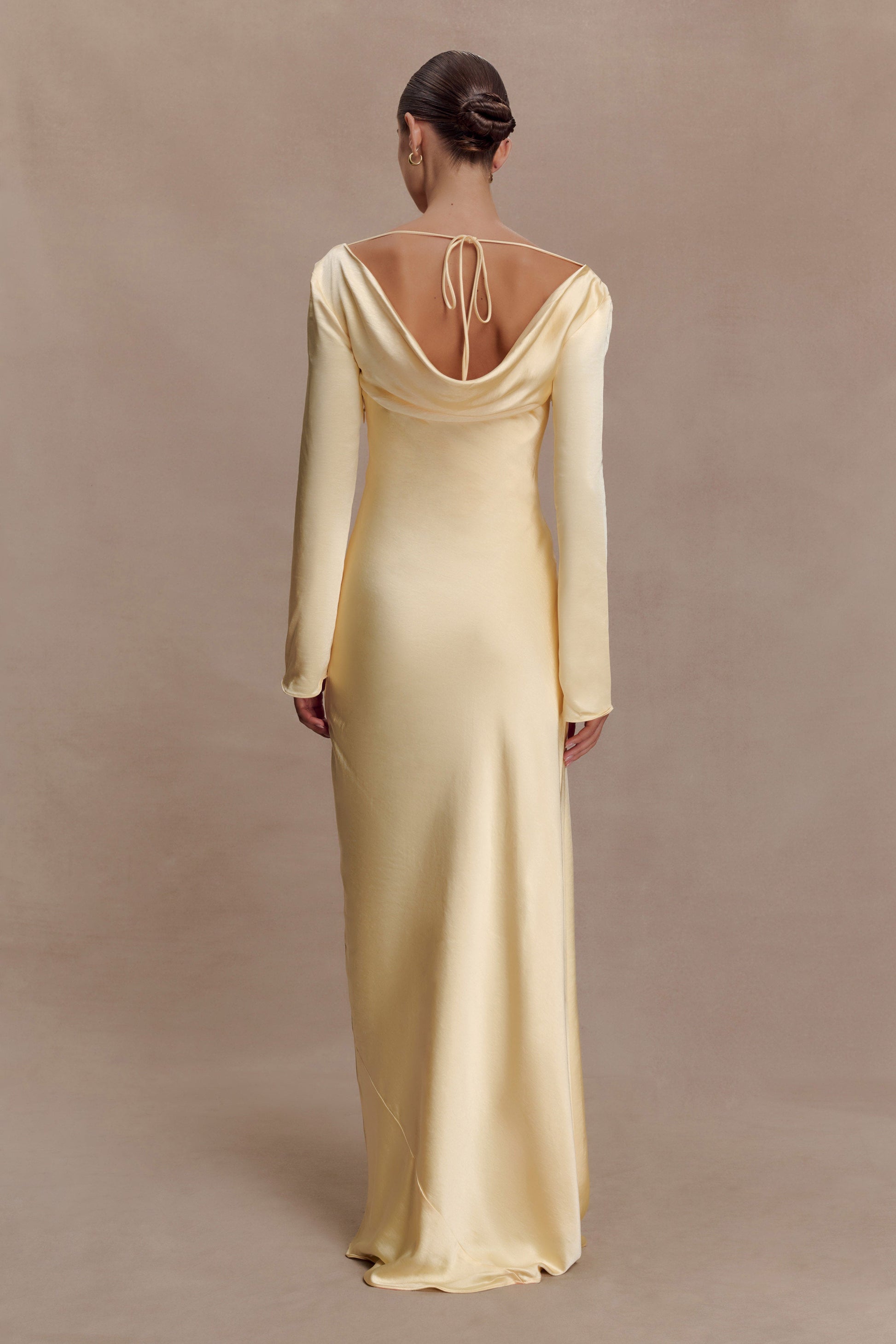 Eliza Long Sleeve Cowl Lace And Satin Maxi Dress - Lemon | MESHKI US Eliza Long Sleeve Cowl Lace And Satin Maxi Dress - Lemon | MESHKI US
