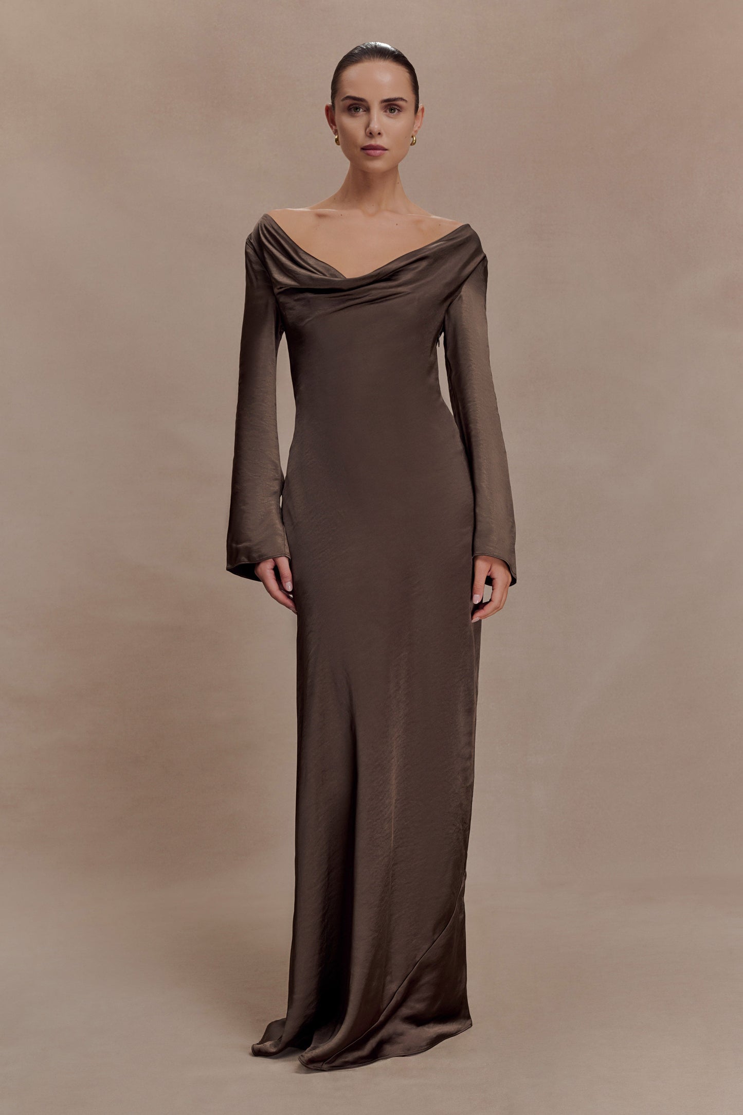 Eliza Long Sleeve Cowl Lace And Satin Maxi Dress - Mocha
