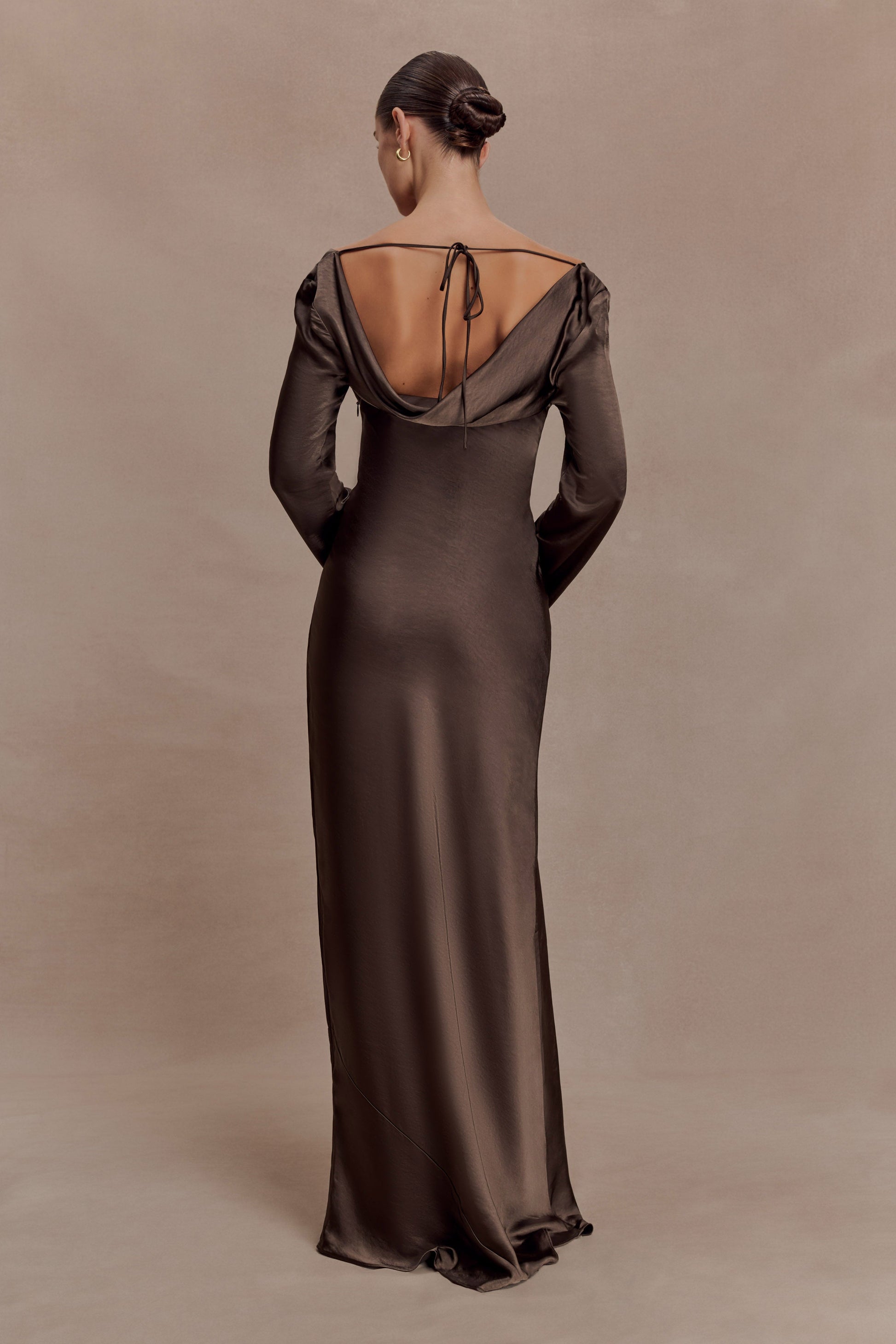 Eliza Long Sleeve Cowl Lace And Satin Maxi Dress / Mocha | MESHKI | XXS Eliza Long Sleeve Cowl Lace And Satin Maxi Dress / Mocha | MESHKI | XXS