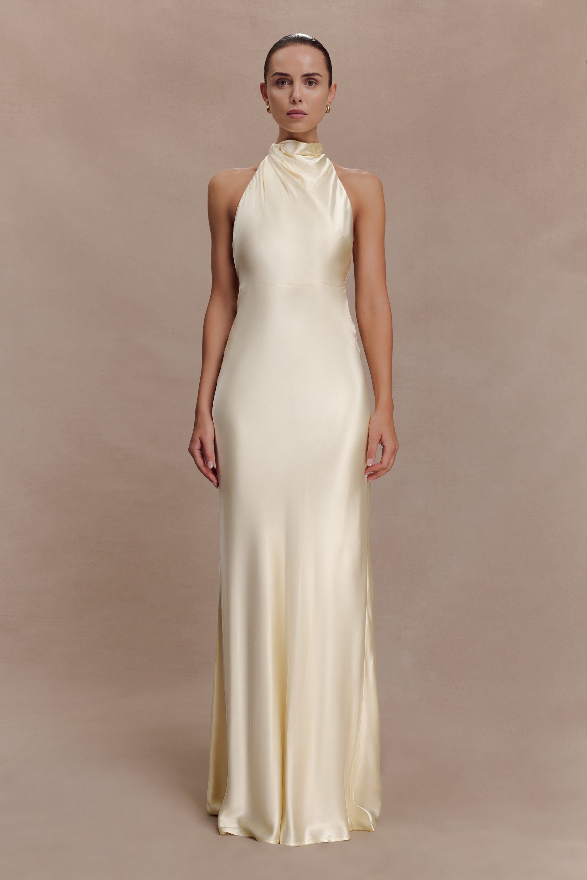 Esther Iridescent Satin Cowl Maxi Dress - Lemon Sorbet | MESHKI US Esther Iridescent Satin Cowl Maxi Dress - Lemon Sorbet | MESHKI US