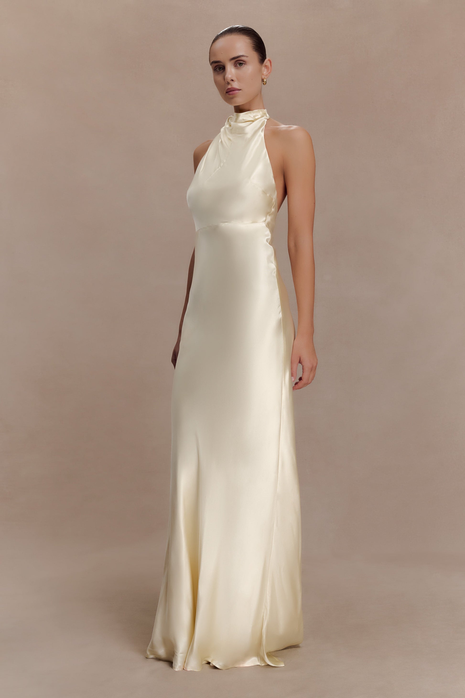 Esther Iridescent Satin Cowl Maxi Dress / Lemon Sorbet | MESHKI