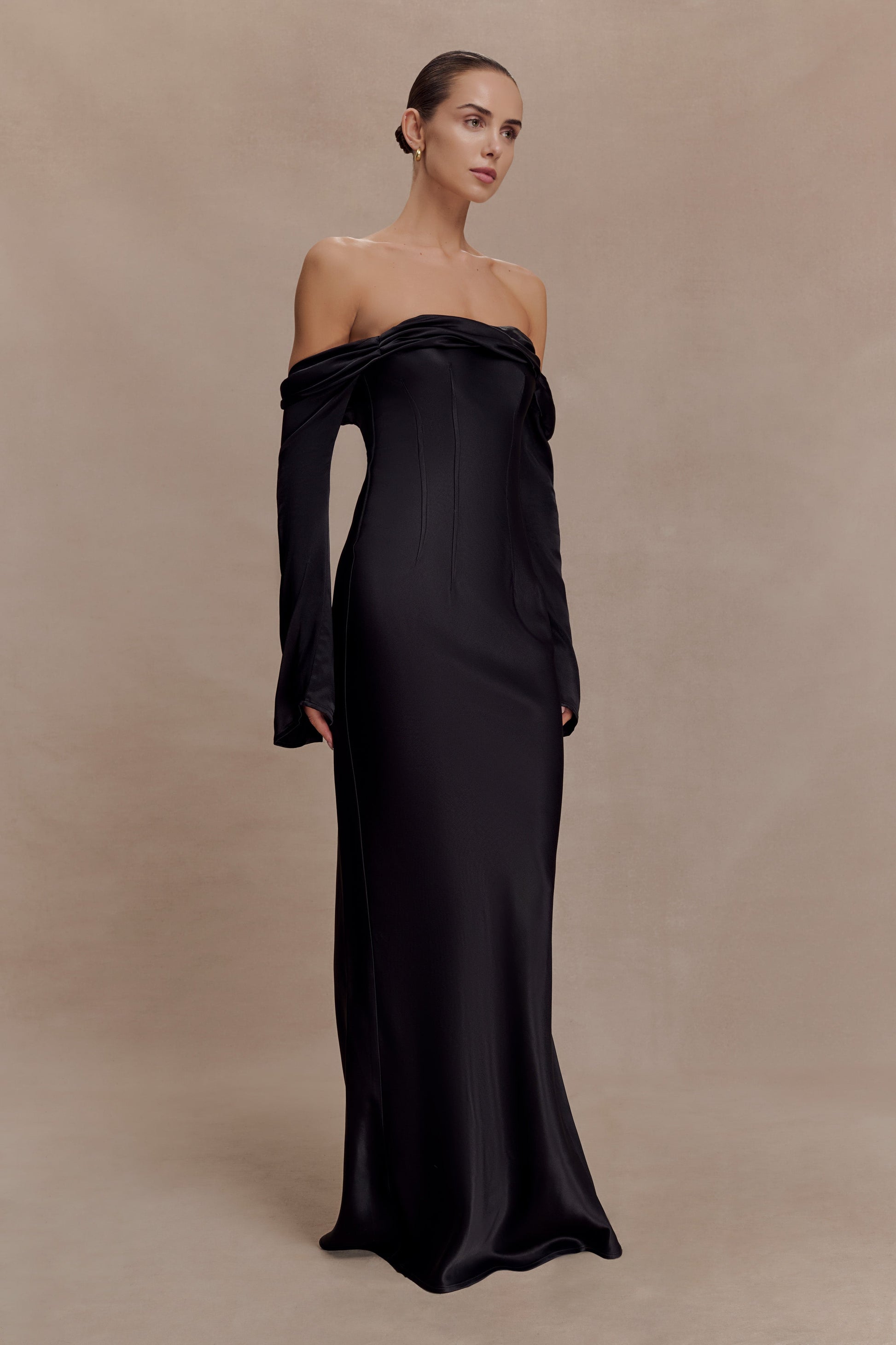 Giselle Off Shoulder Cowl Neck Maxi Dress - Black | MESHKI US Giselle Off Shoulder Cowl Neck Maxi Dress - Black | MESHKI US