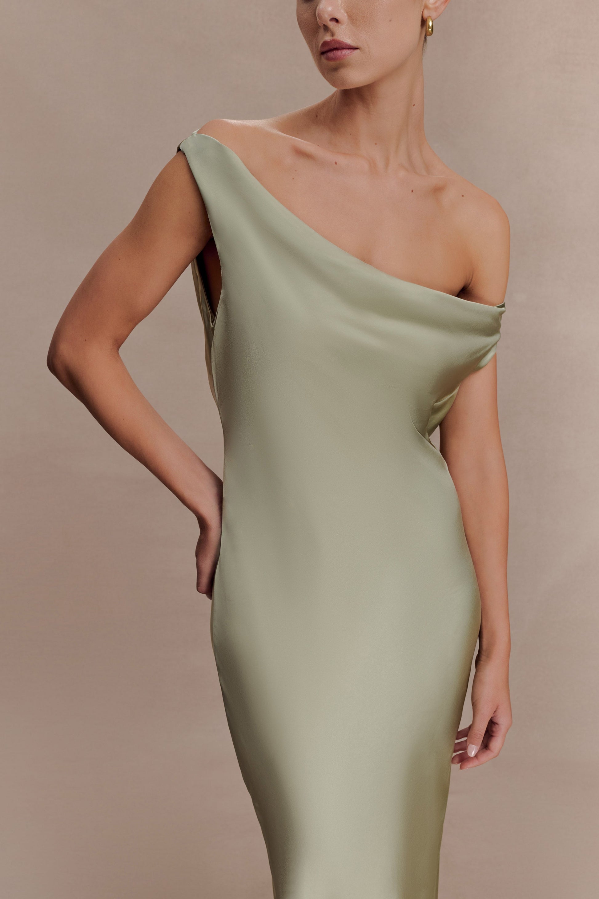 Yvette Slip Maxi Dress With Asymmetrical Hem - Sage | MESHKI US Yvette Slip Maxi Dress With Asymmetrical Hem - Sage | MESHKI US