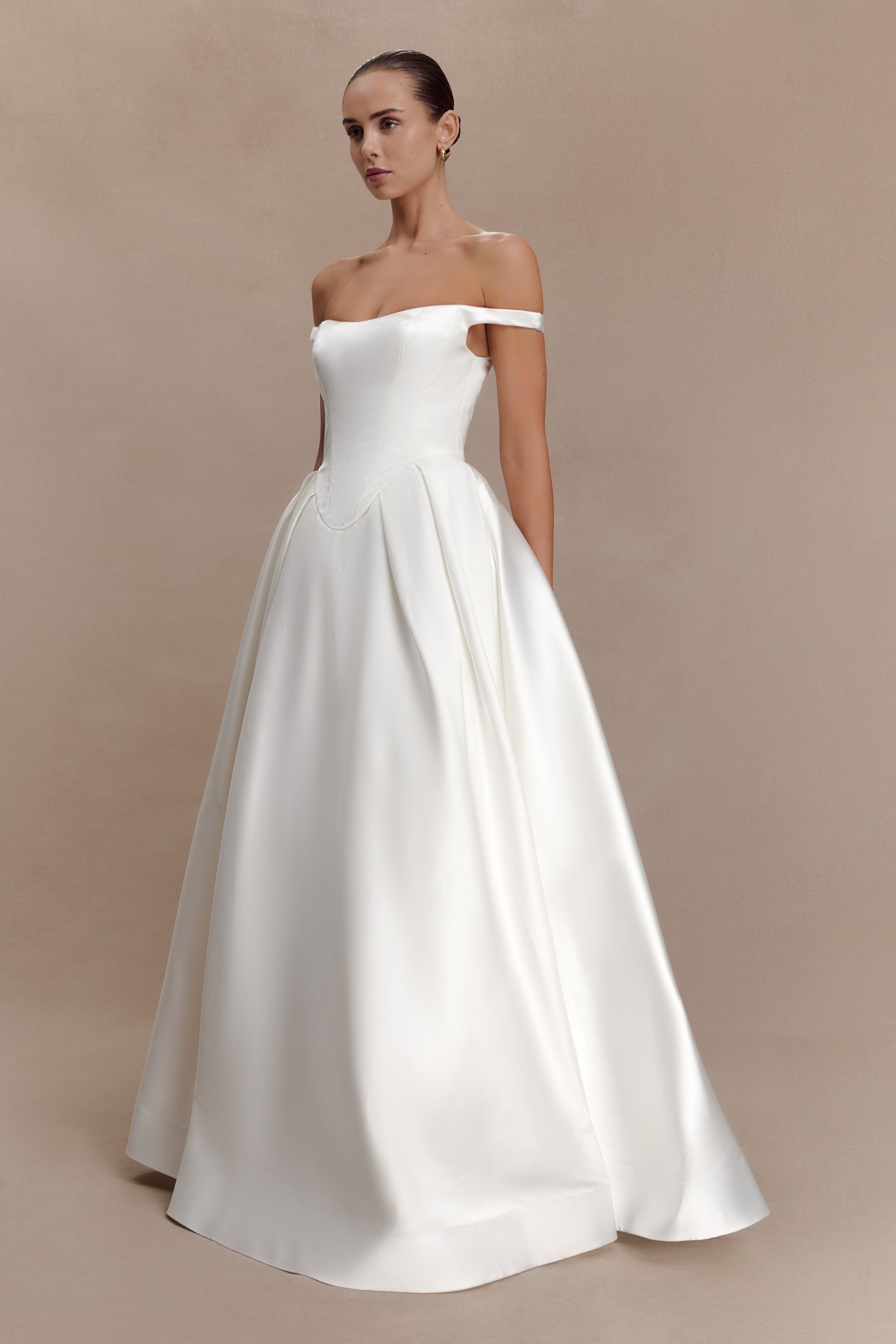 off the shoulder satin wedding dress Willow Off Shoulder Satin Maxi Gown / White | MESHKI