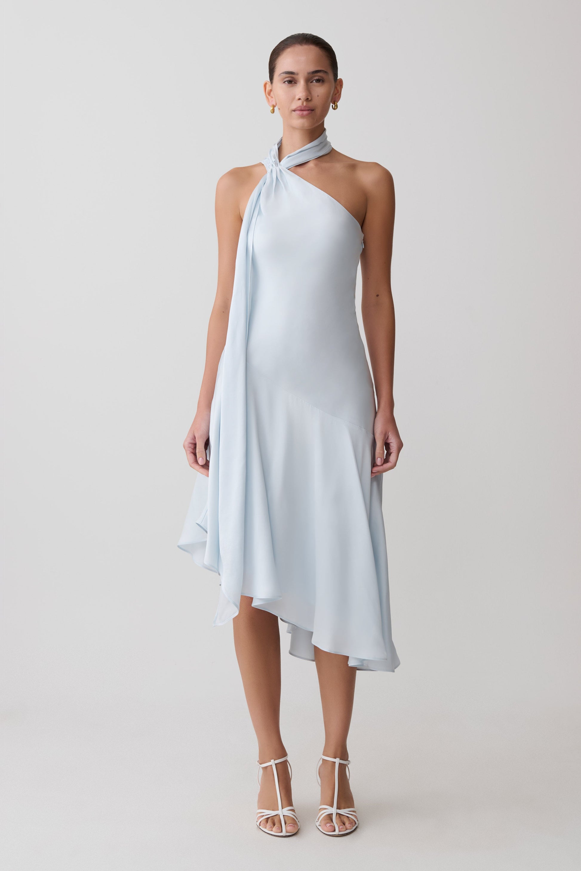 Evelina Halter Asymmetric Hem Midi Dress / Ice Blue | MESHKI