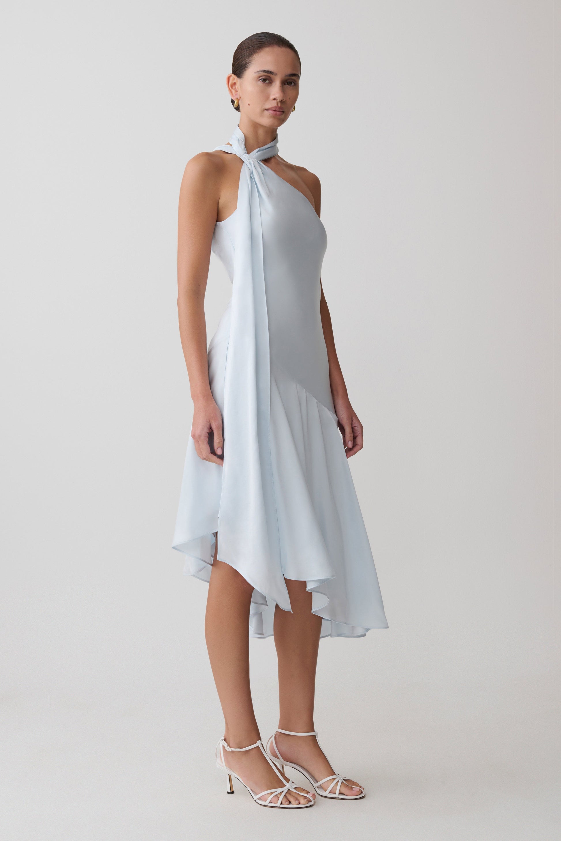 usaf dress blues uniform Evelina Halter Asymmetric Hem Midi Dress - Ice Blue