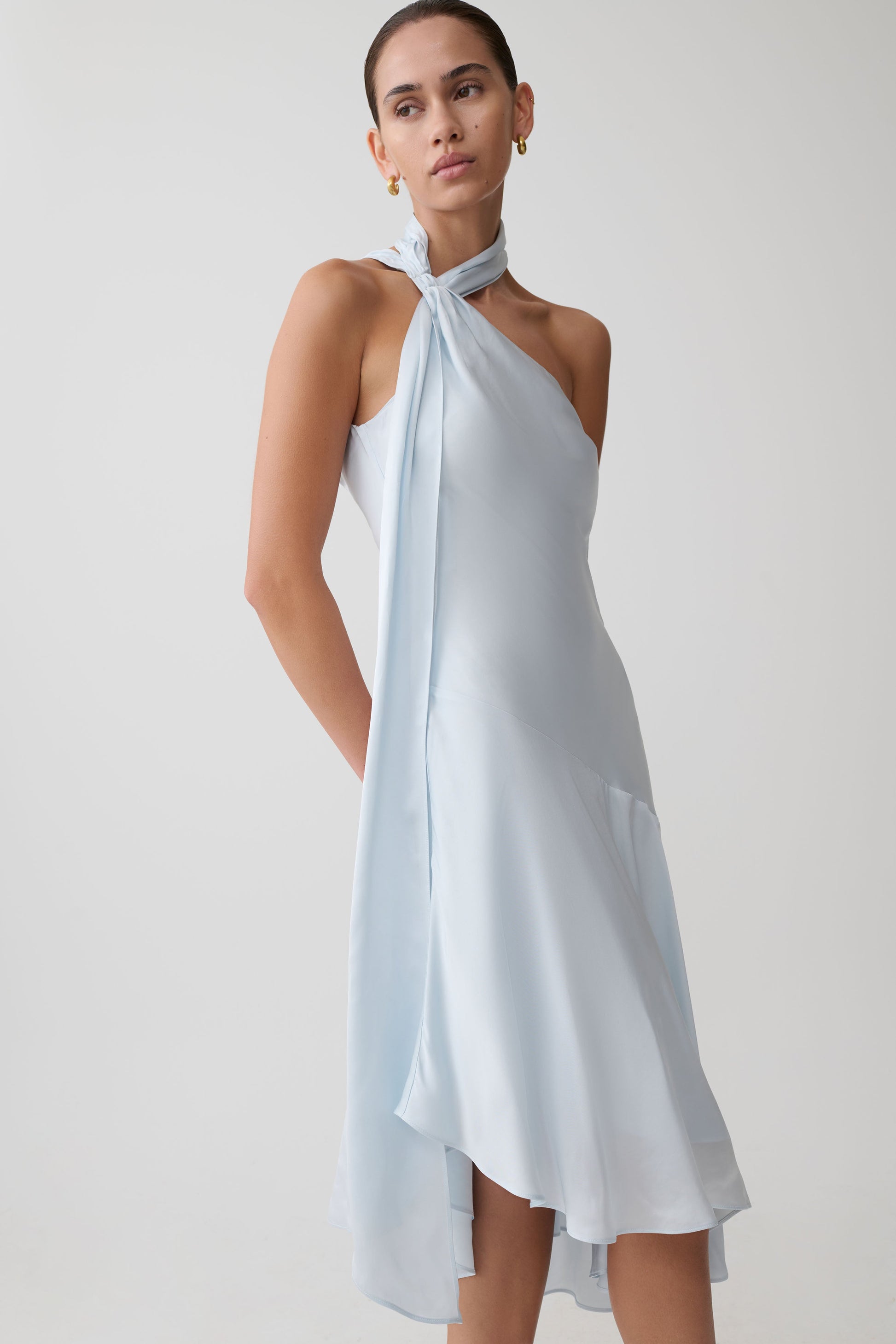 Evelina Halter Asymmetric Hem Midi Dress / Ice Blue | MESHKI