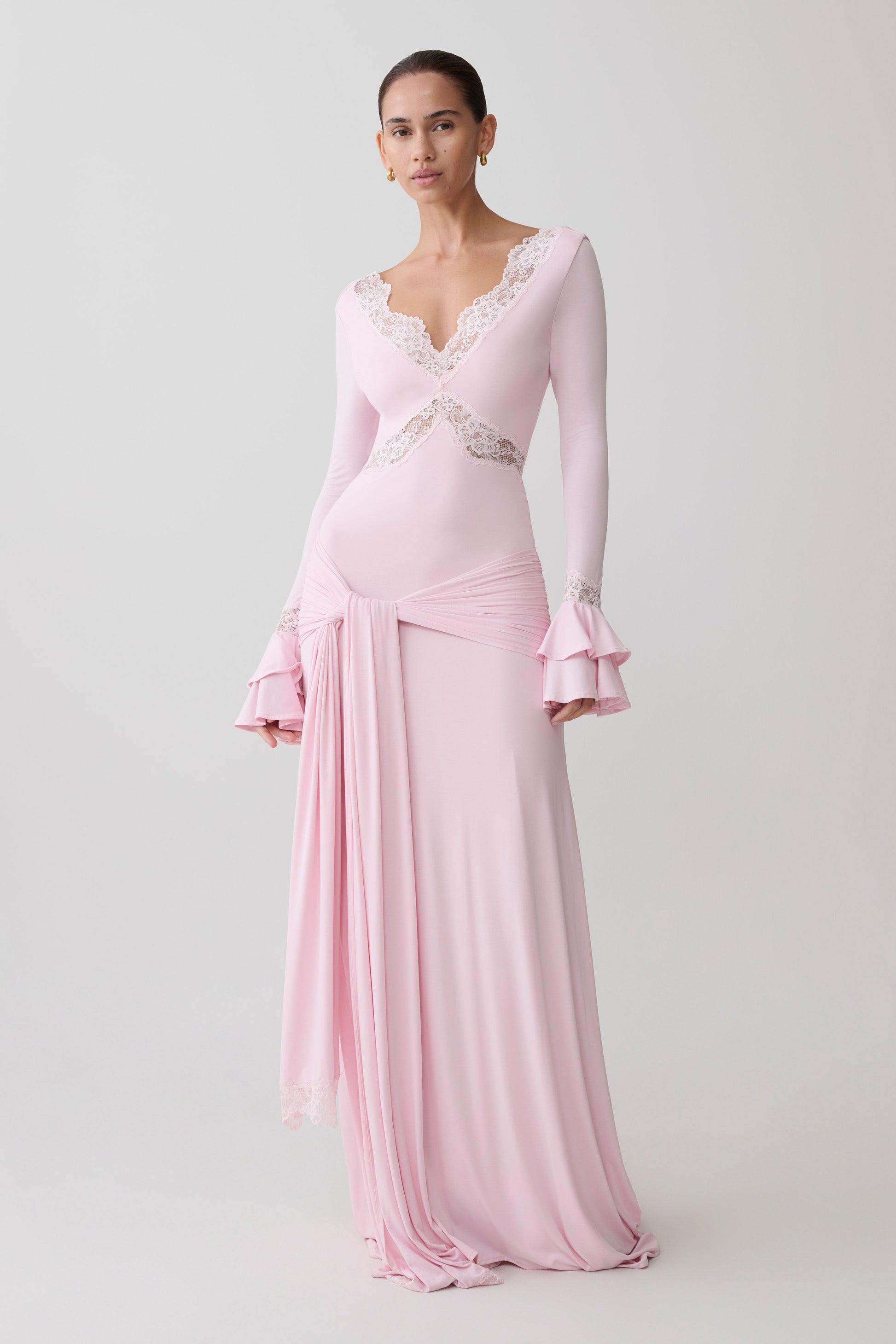 Electra Slinky Lace Maxi Dress - Ballet Pink | MESHKI US Electra Slinky Lace Maxi Dress - Ballet Pink | MESHKI US