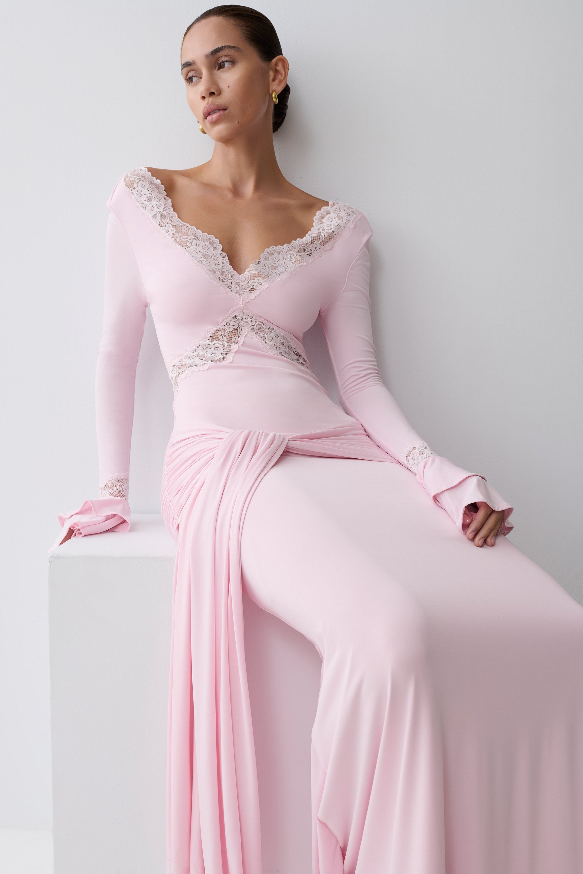 pink lace long sleeve dress Sleeves Long Prom Dress, Pink Lace Formal Dress, Pink Evening A1324 Square neckline Short Mini Pink Lace Long