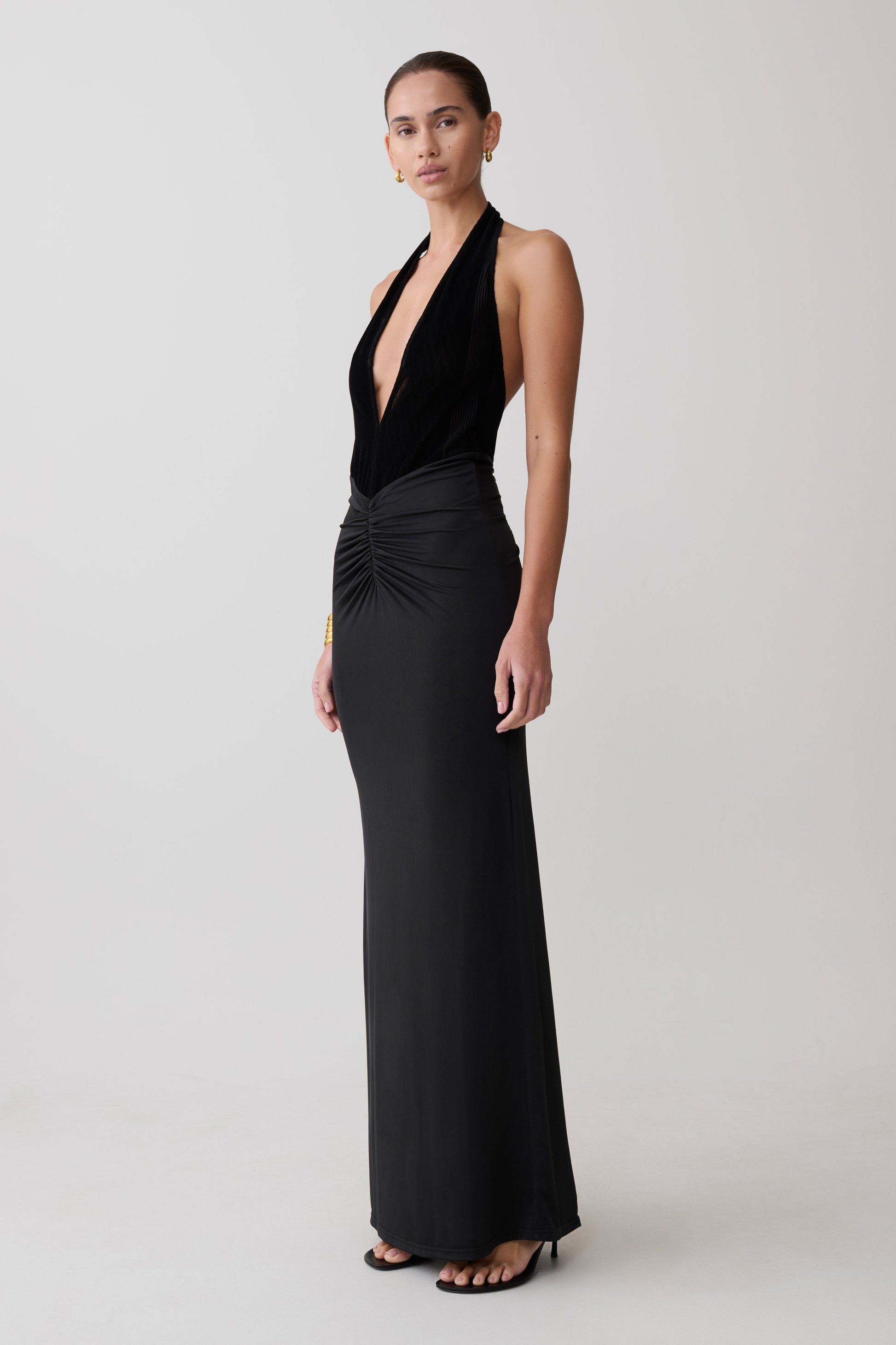 Lien Mesh Velvet Plunge Midi Dress / Black | MESHKI